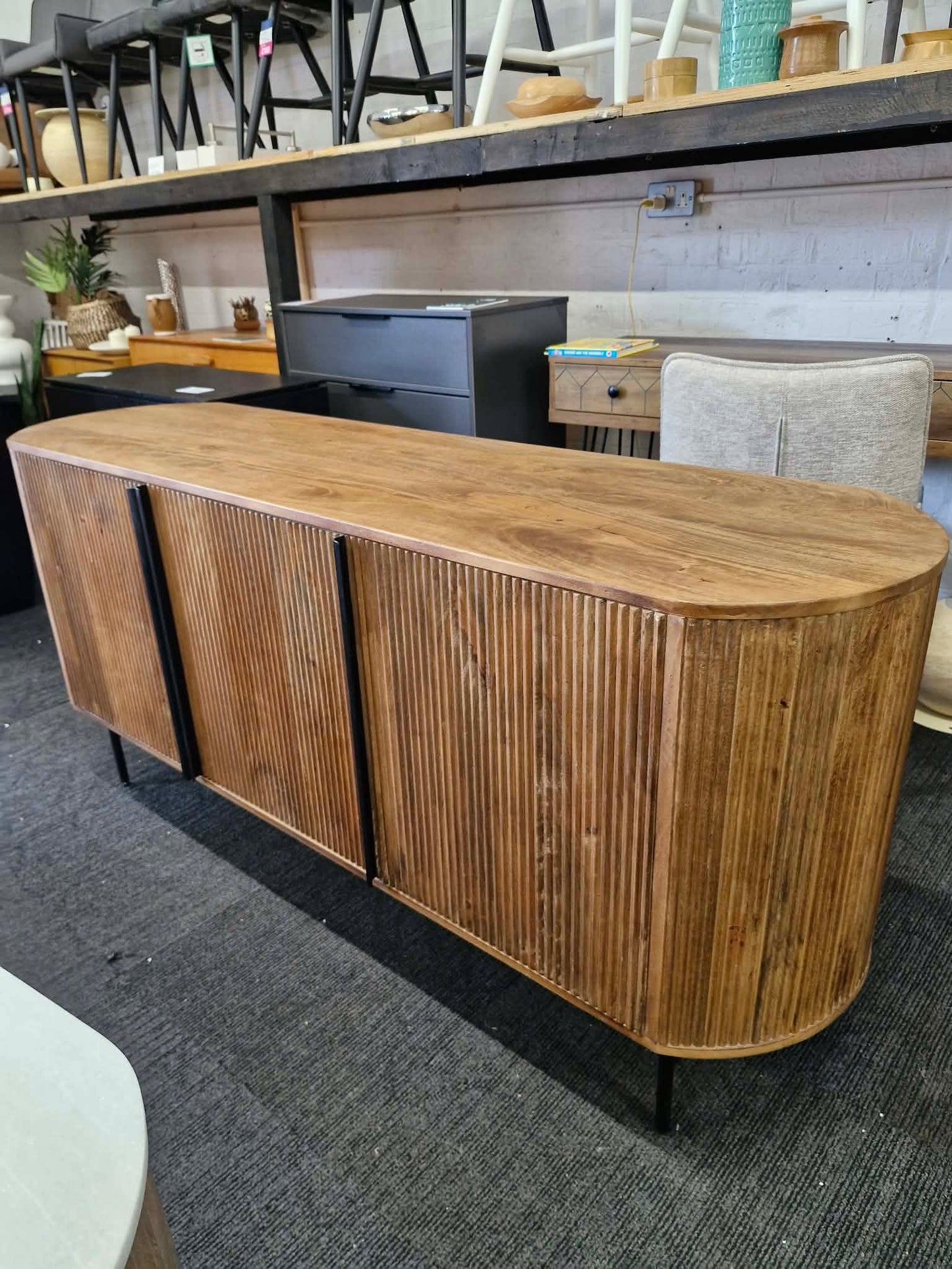 Large Solid Mango Wood Sideboard with 3 doors / Oval Shaped, Grooved Ribbed Wood
