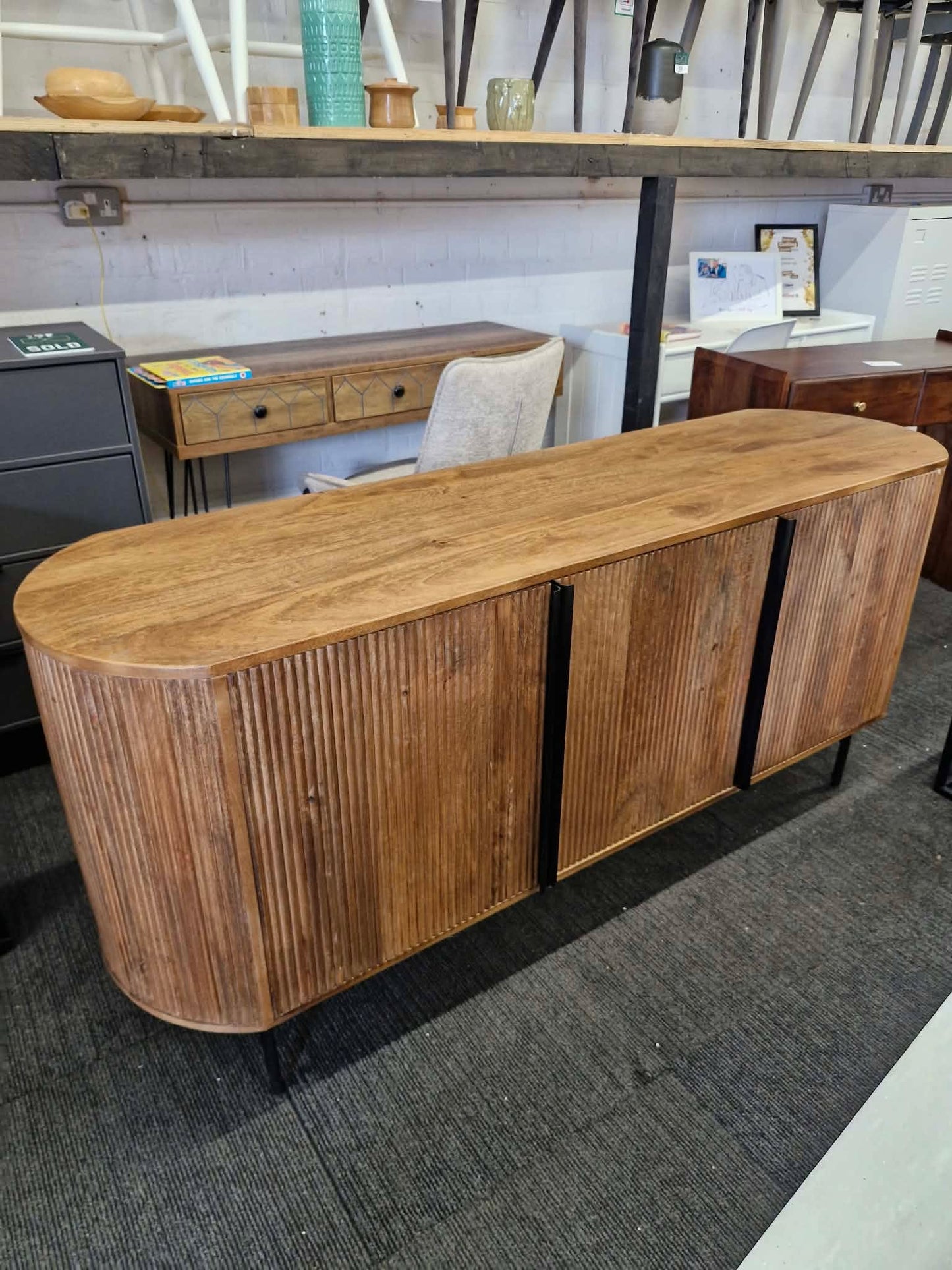 Large Solid Mango Wood Sideboard with 3 doors / Oval Shaped, Grooved Ribbed Wood