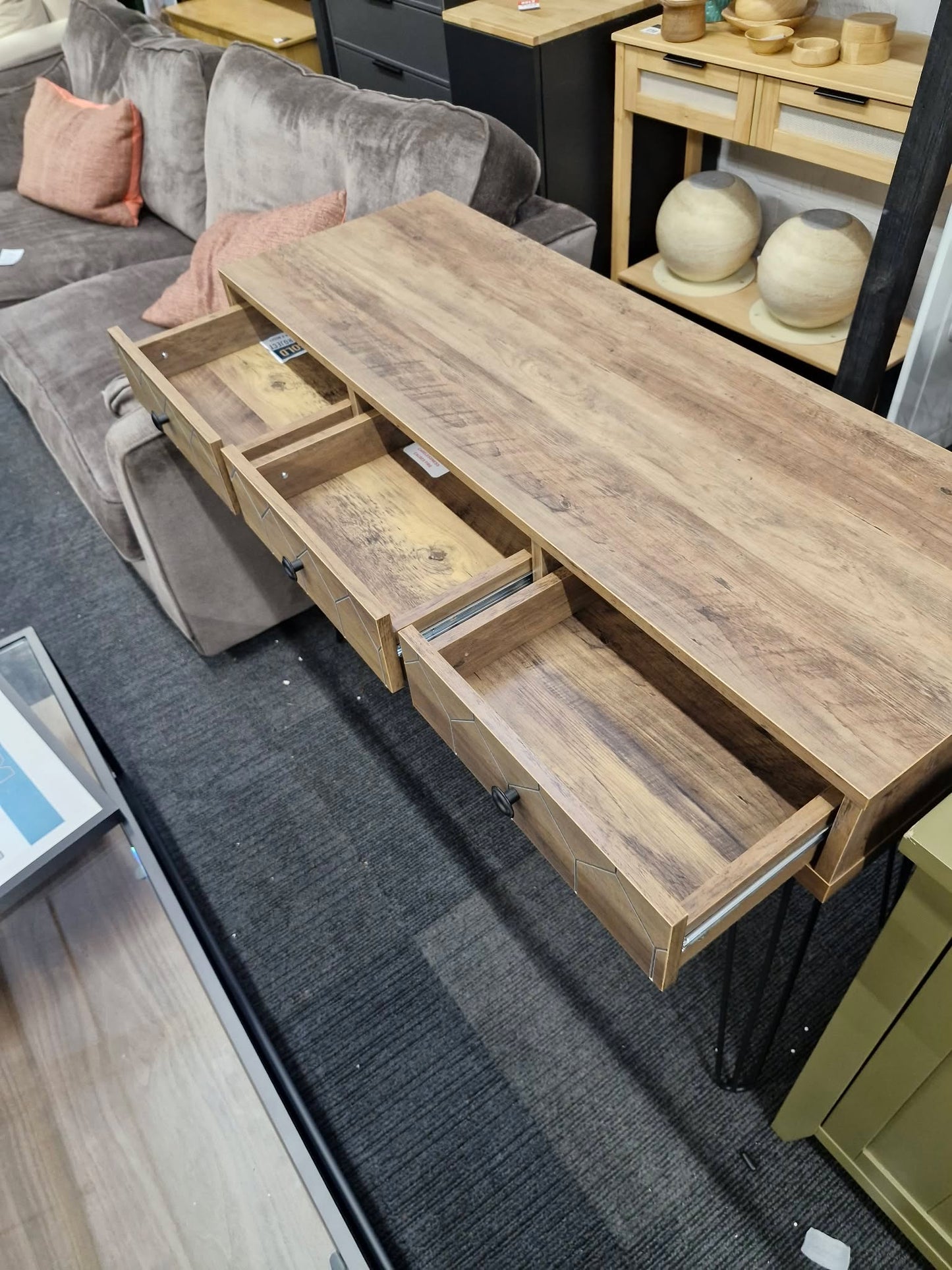 Wide Desk / 3 Drawer Console Table Dark Wood and Black