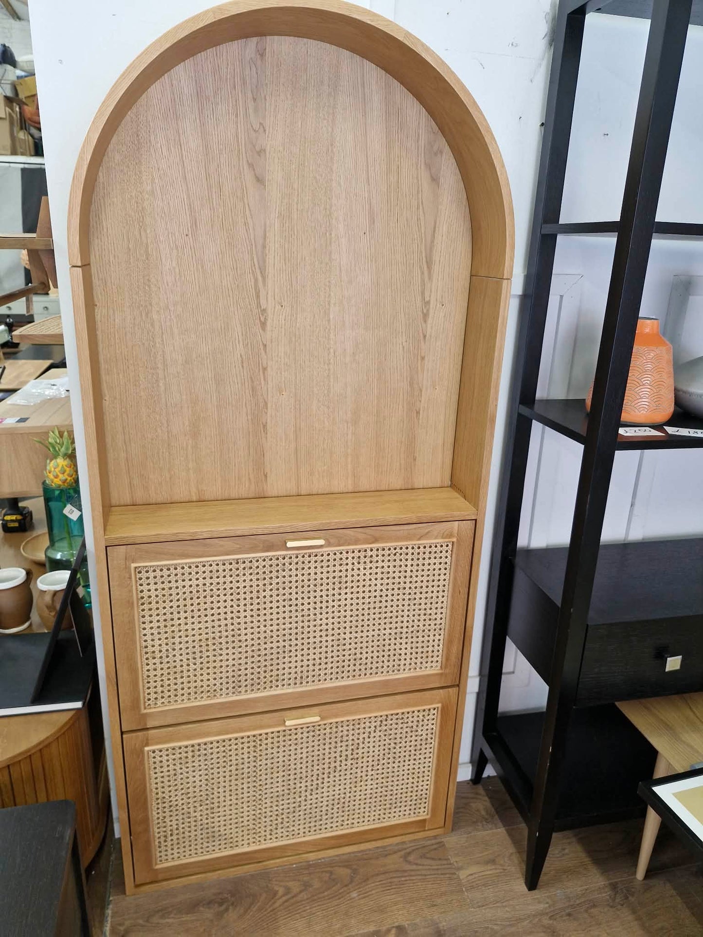 Oak and Rattan Arched Shallow Shoe Storage Hallway Cabinet