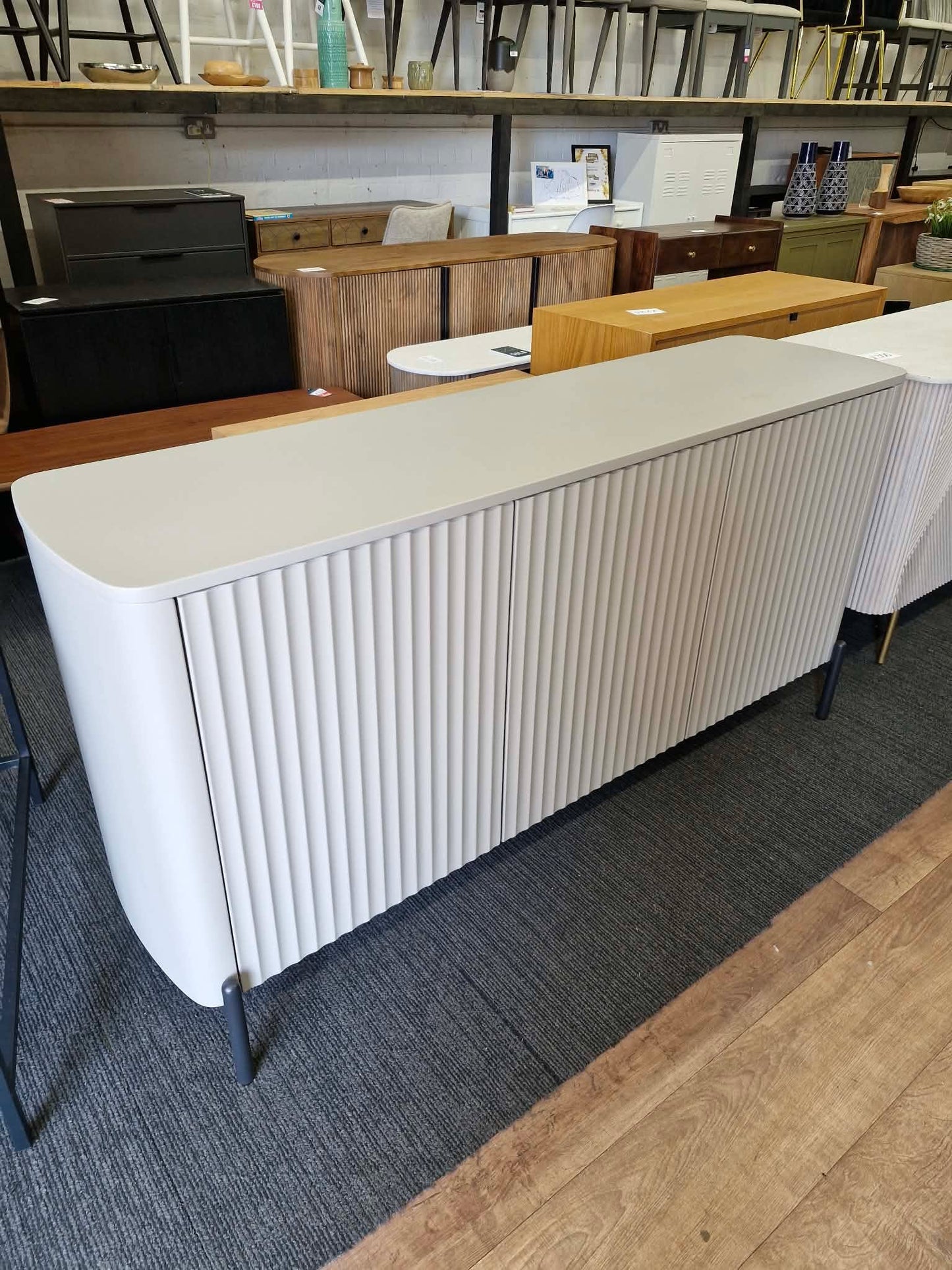 Large Grey Sideboard with 3 Doors / Grooved / Ribbed