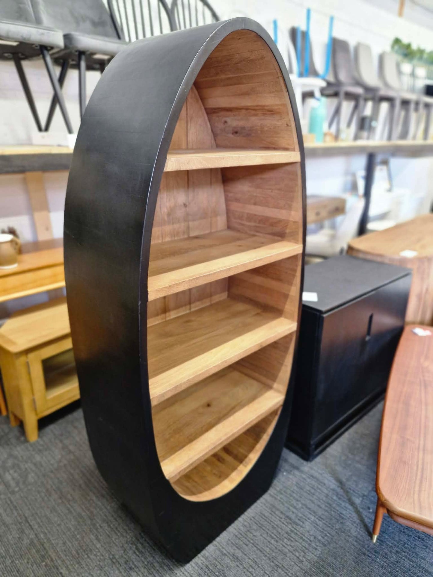Solid Mango Wood Oval Bookshelf with Black Frame