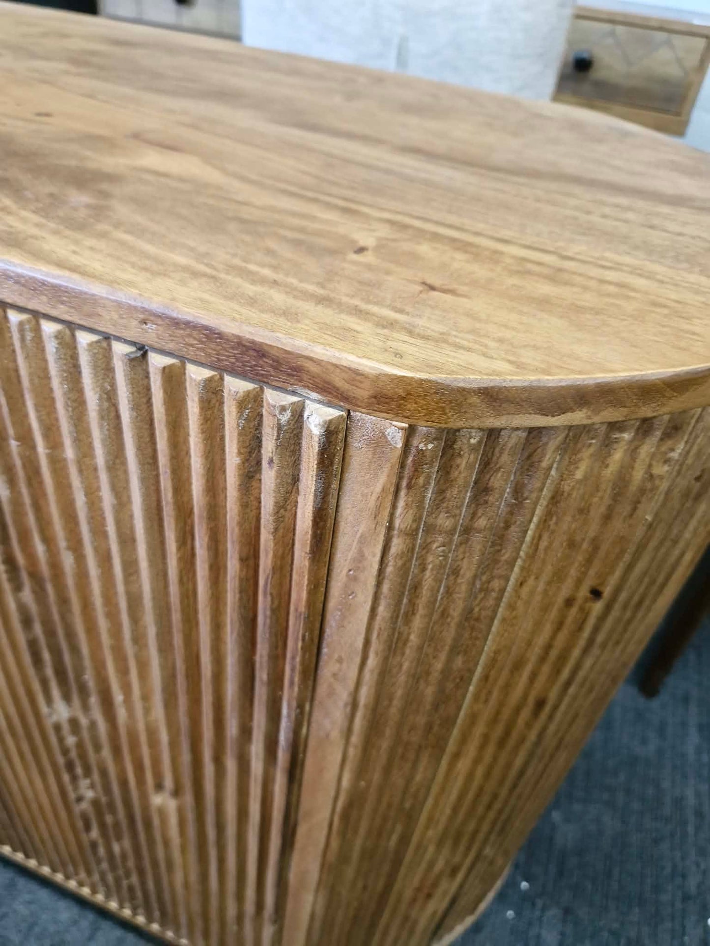 Large Solid Mango Wood Sideboard with 3 doors / Oval Shaped, Grooved Ribbed Wood