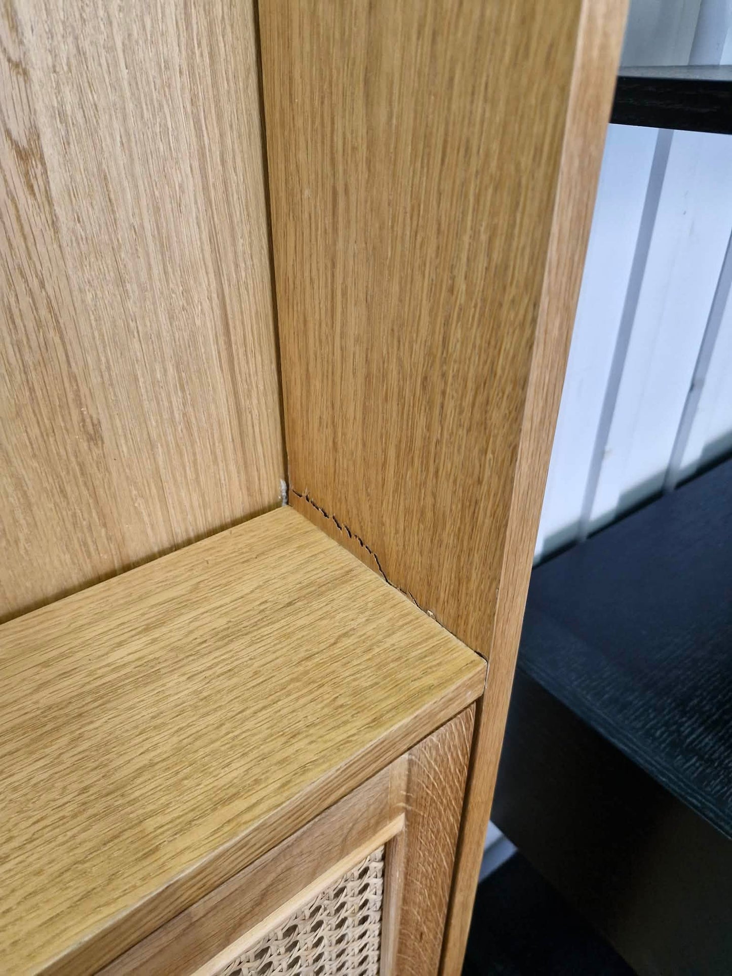 Oak and Rattan Arched Shallow Shoe Storage Hallway Cabinet