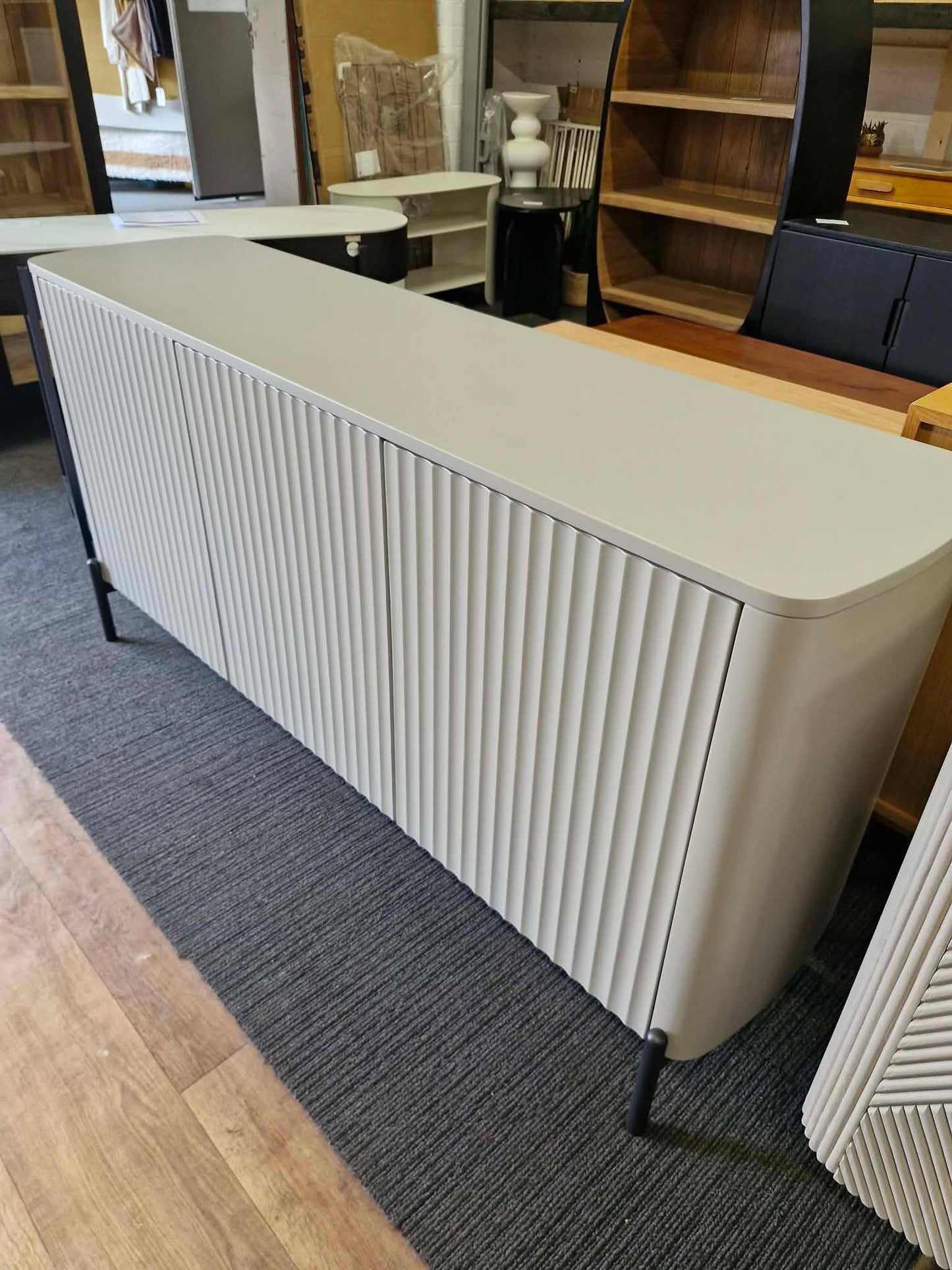 Large Grey Sideboard with 3 Doors / Grooved / Ribbed
