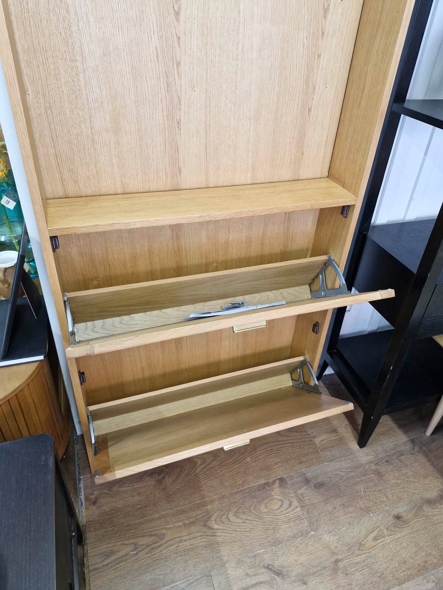 Oak and Rattan Arched Shallow Shoe Storage Hallway Cabinet
