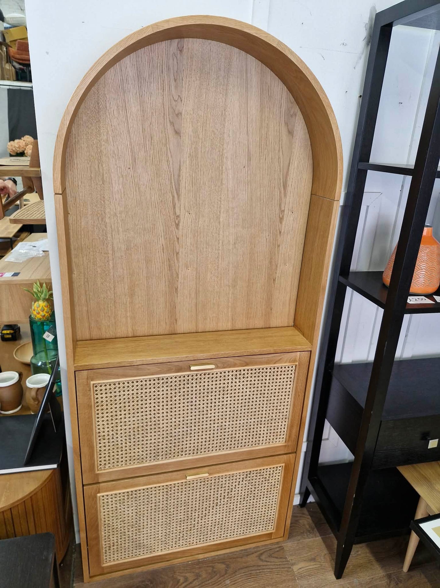 Oak and Rattan Arched Shallow Shoe Storage Hallway Cabinet