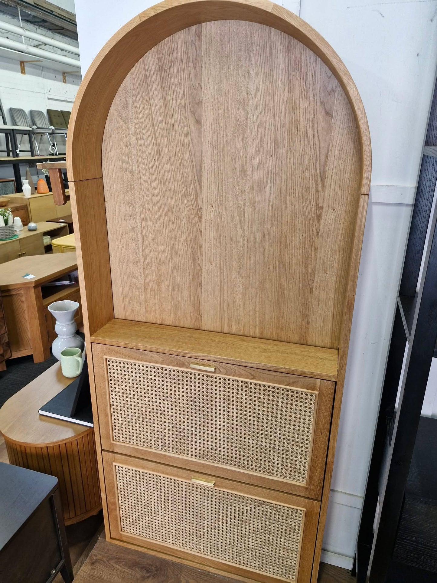 Oak and Rattan Arched Shallow Shoe Storage Hallway Cabinet