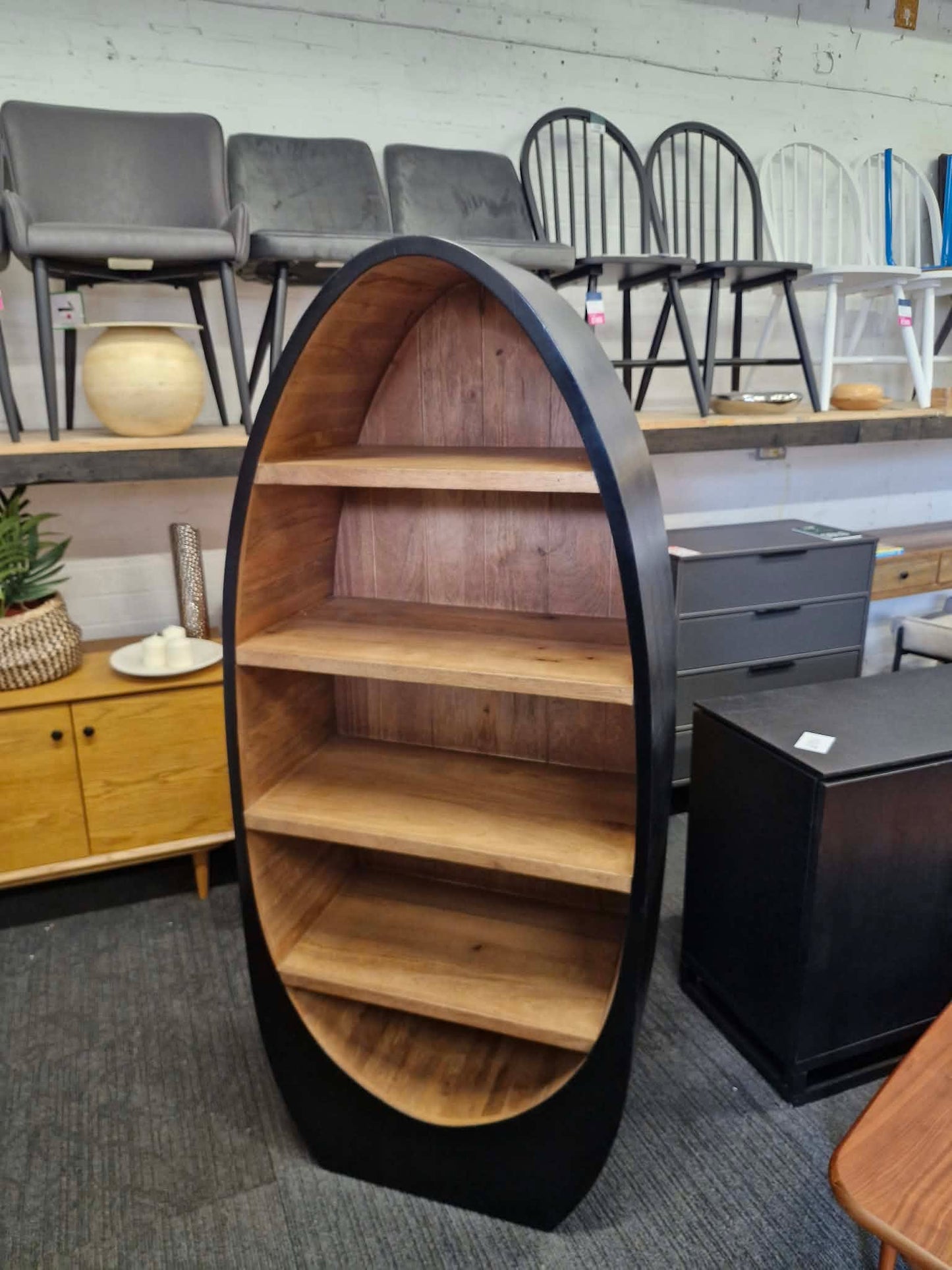 Solid Mango Wood Oval Bookshelf with Black Frame