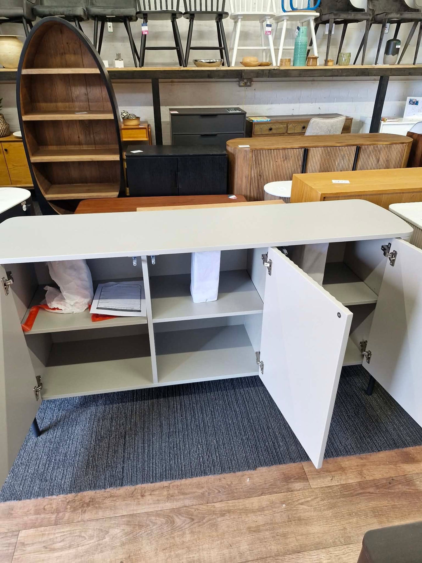 Large Grey Sideboard with 3 Doors / Grooved / Ribbed