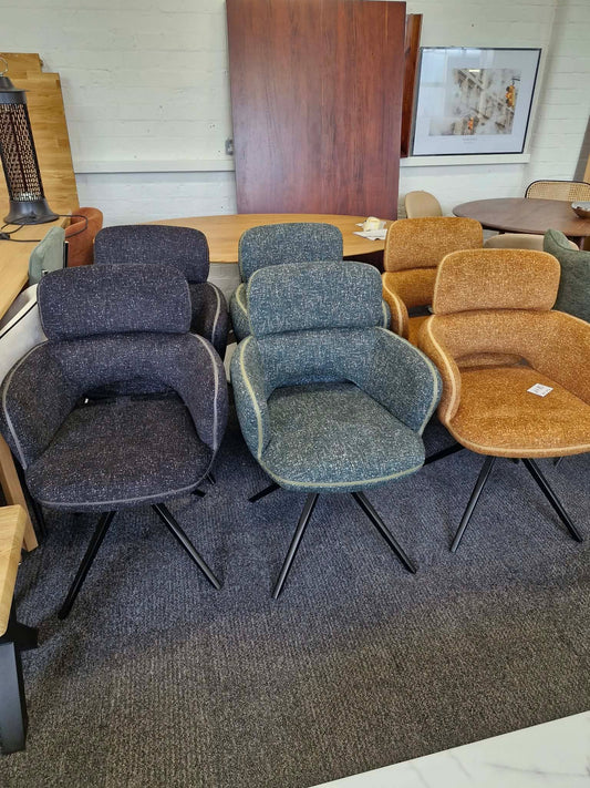 Set of 6 Large Swivel Dining Chairs / Mix of Black, Green and Orange / Mustard Yellow