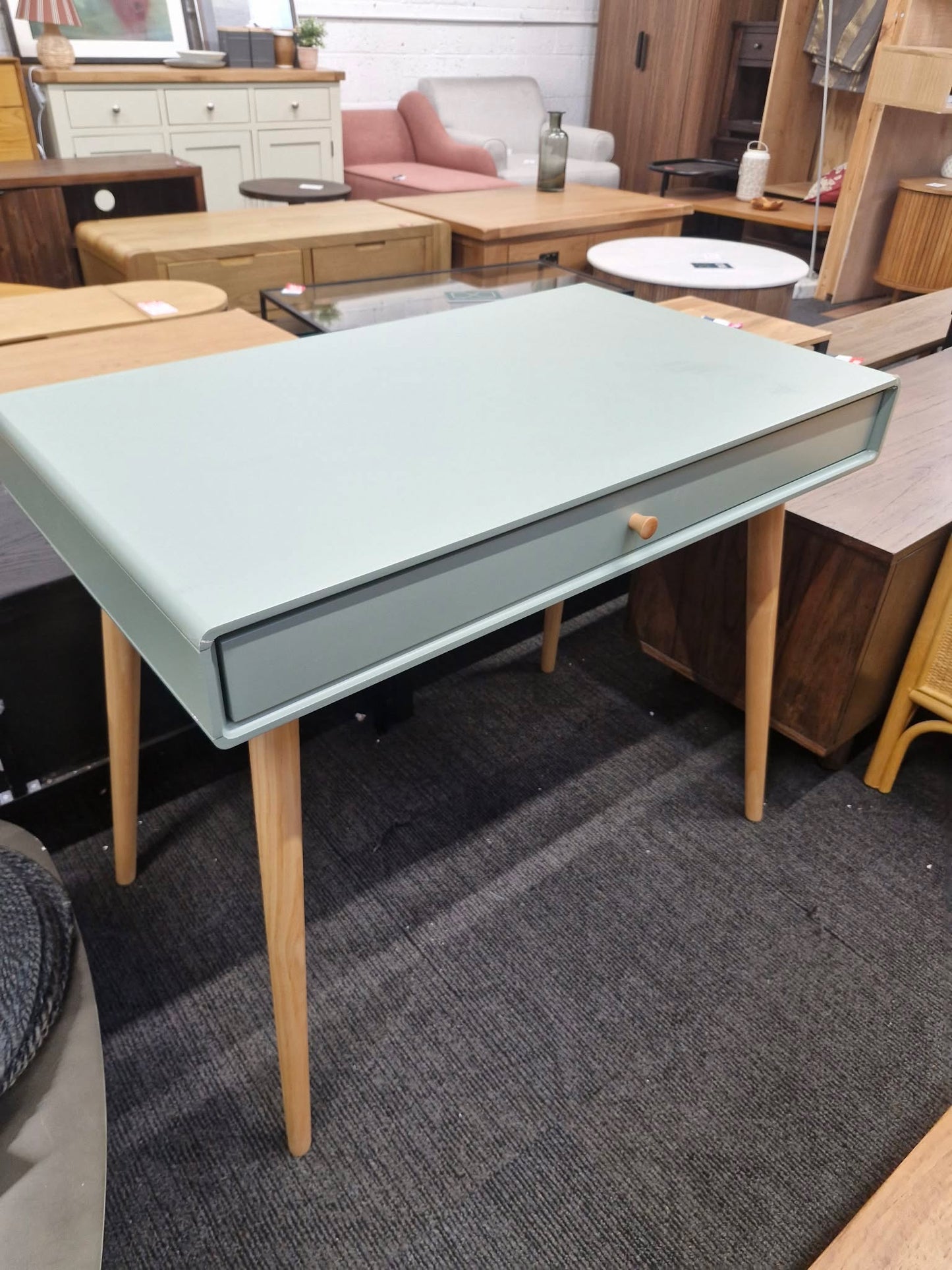 Light Green Desk with Drawers and Wood Legs