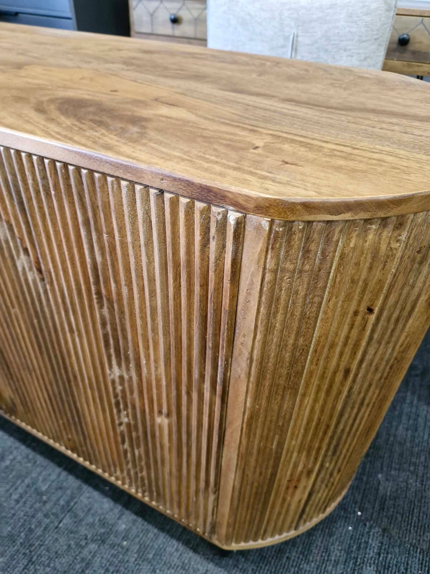 Large Solid Mango Wood Sideboard with 3 doors / Oval Shaped, Grooved Ribbed Wood
