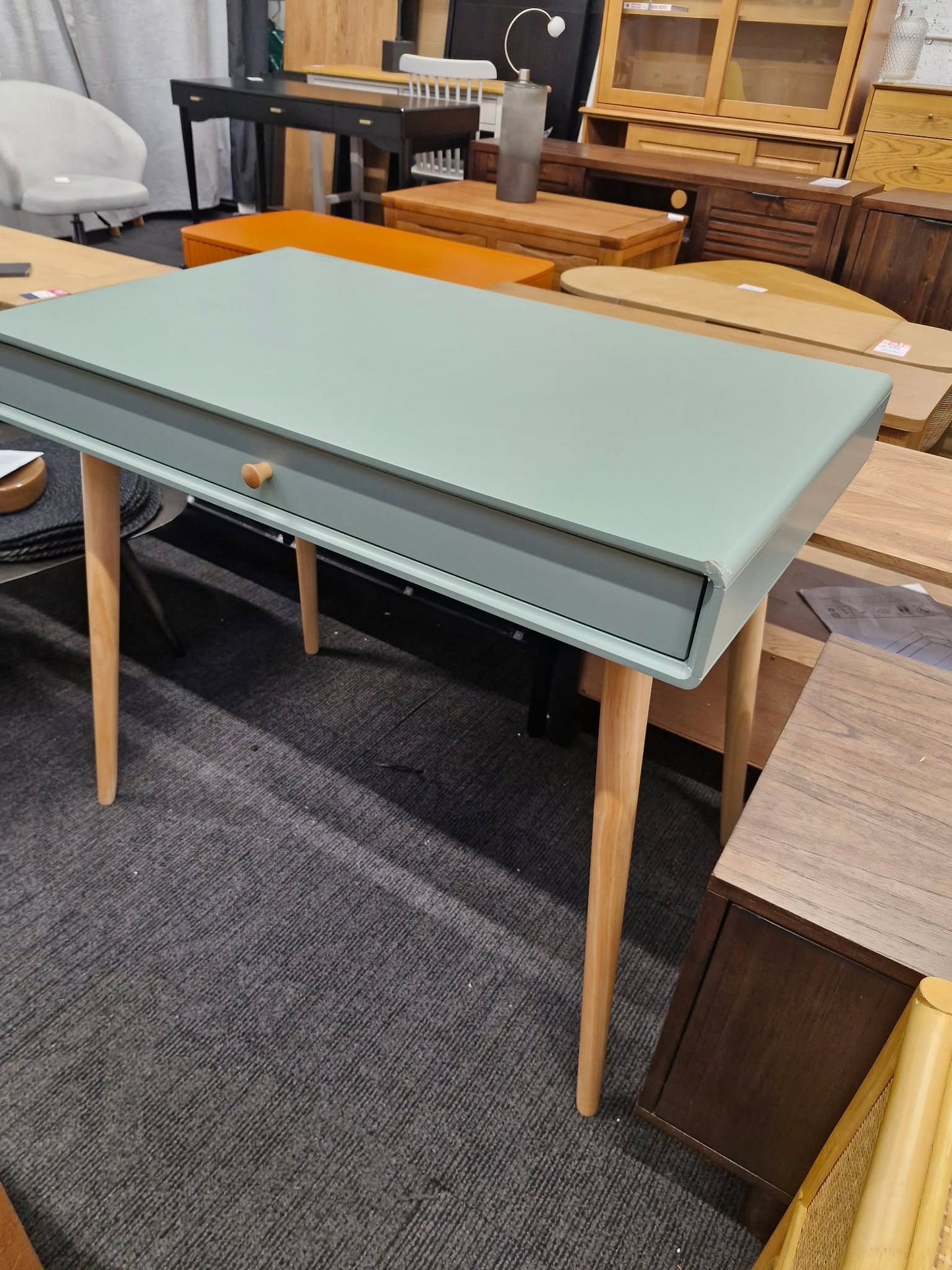 Light Green Desk with Drawers and Wood Legs