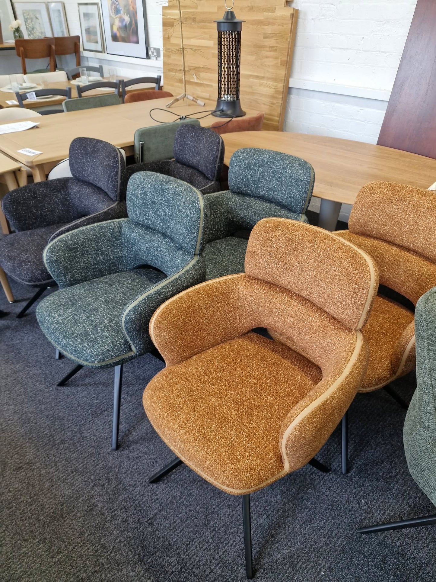 Set of 6 Large Swivel Dining Chairs / Mix of Black, Green and Orange / Mustard Yellow