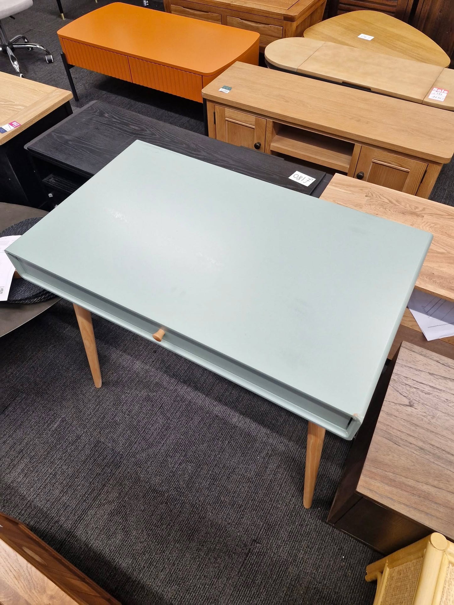 Light Green Desk with Drawers and Wood Legs