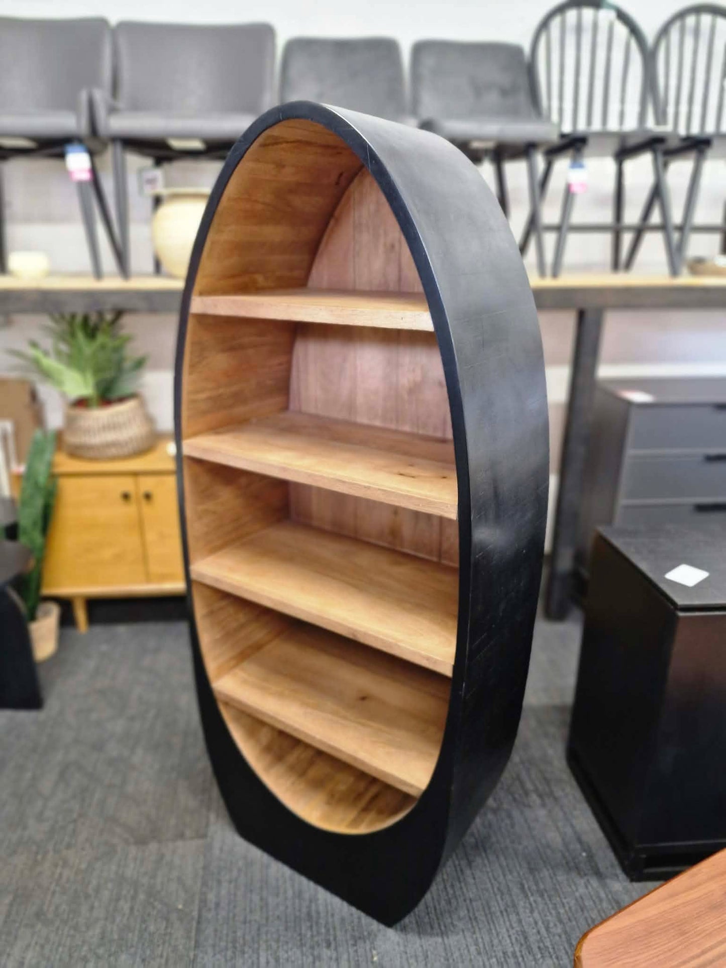 Solid Mango Wood Oval Bookshelf with Black Frame