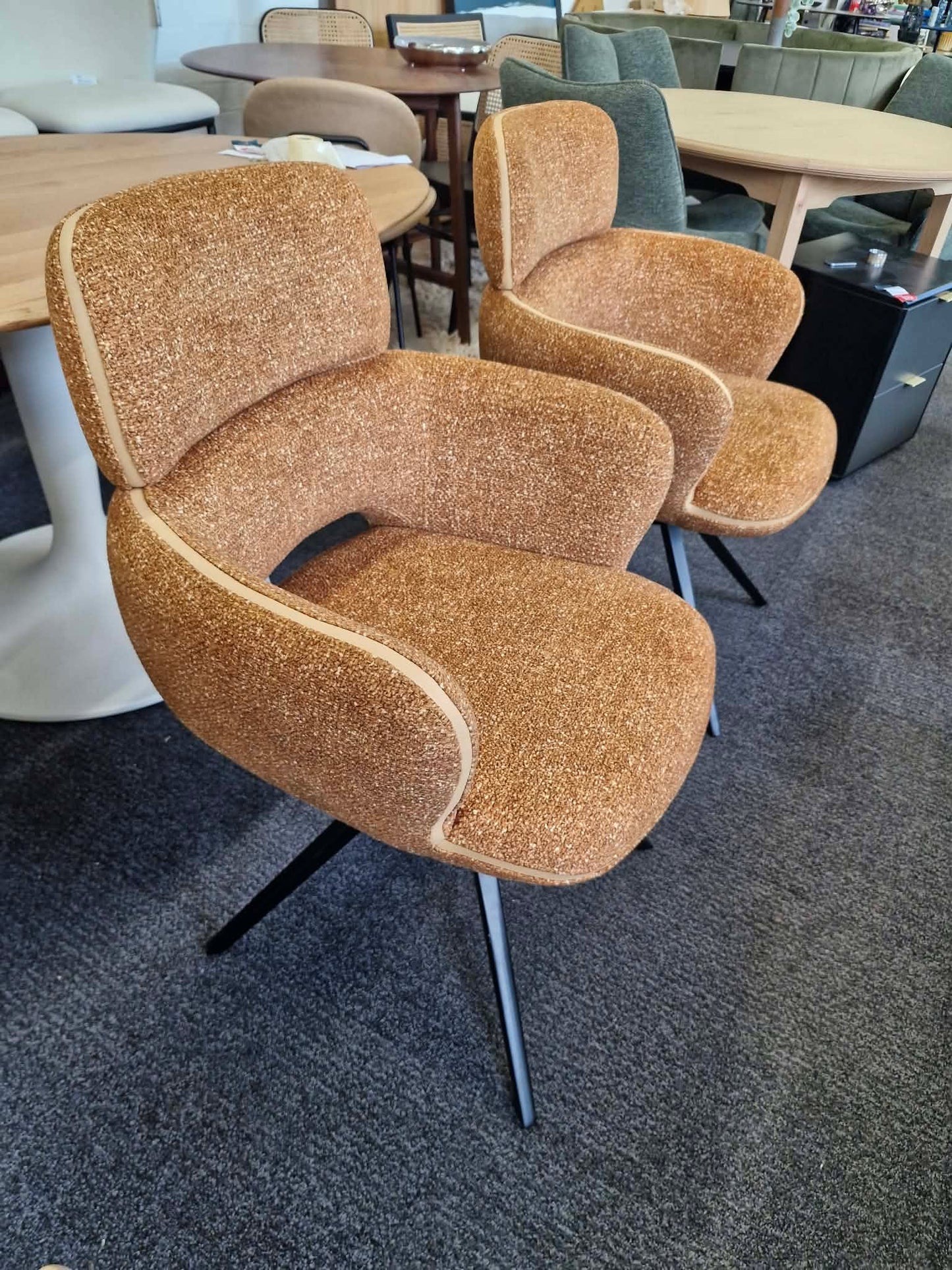 Set of 6 Large Swivel Dining Chairs / Mix of Black, Green and Orange / Mustard Yellow