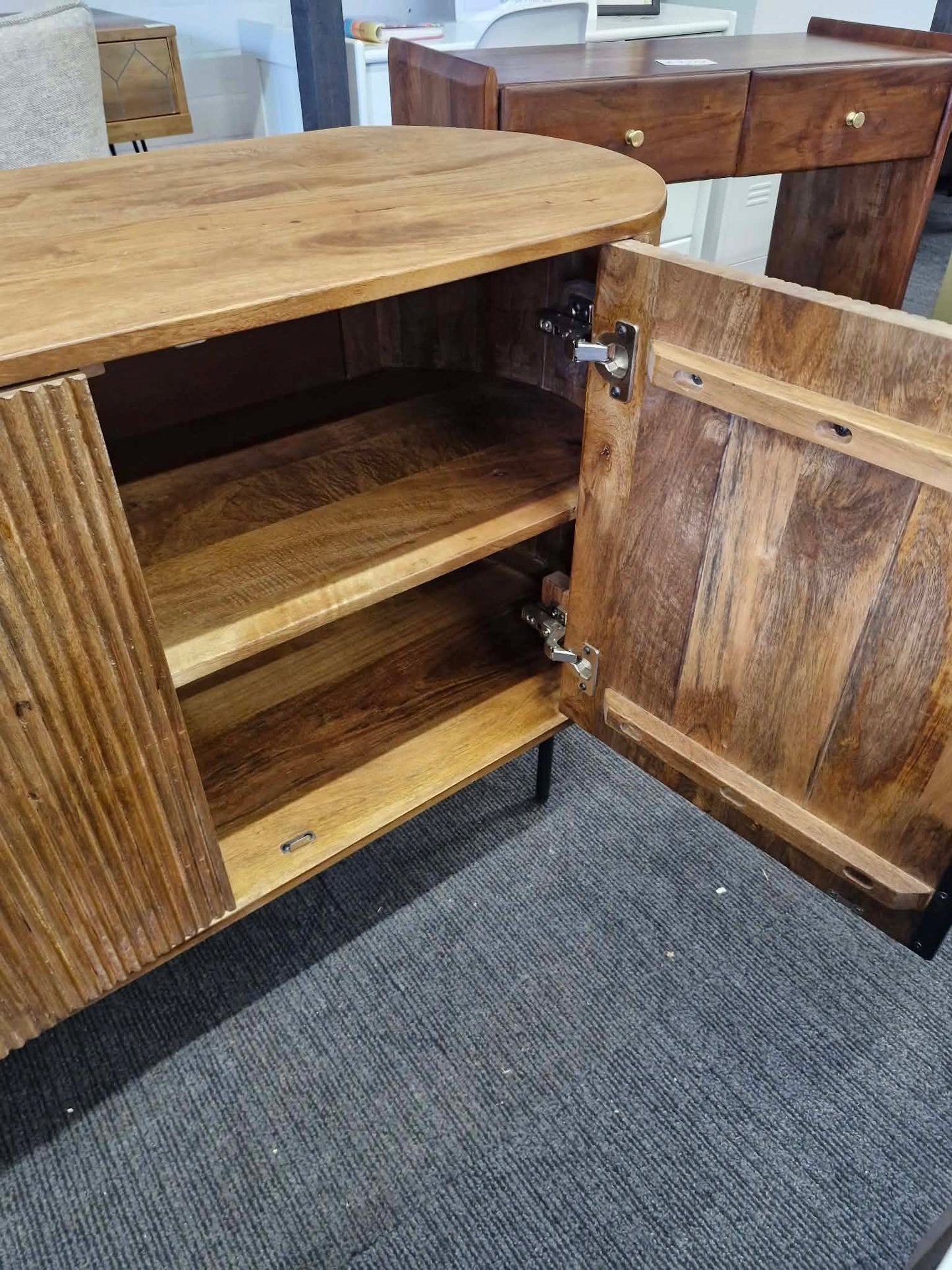 Large Solid Mango Wood Sideboard with 3 doors / Oval Shaped, Grooved Ribbed Wood