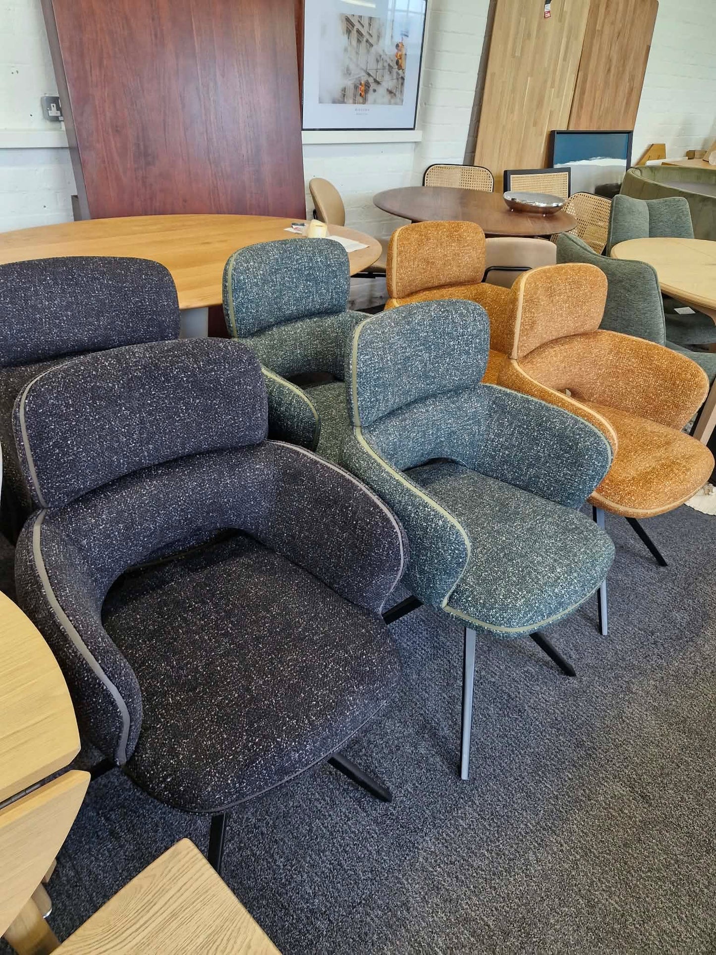 Set of 6 Large Swivel Dining Chairs / Mix of Black, Green and Orange / Mustard Yellow