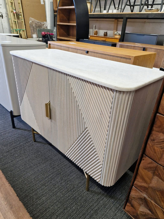 White Marble and Solid Wood Ribbed Door Grey Cabinet / Small Sideboard