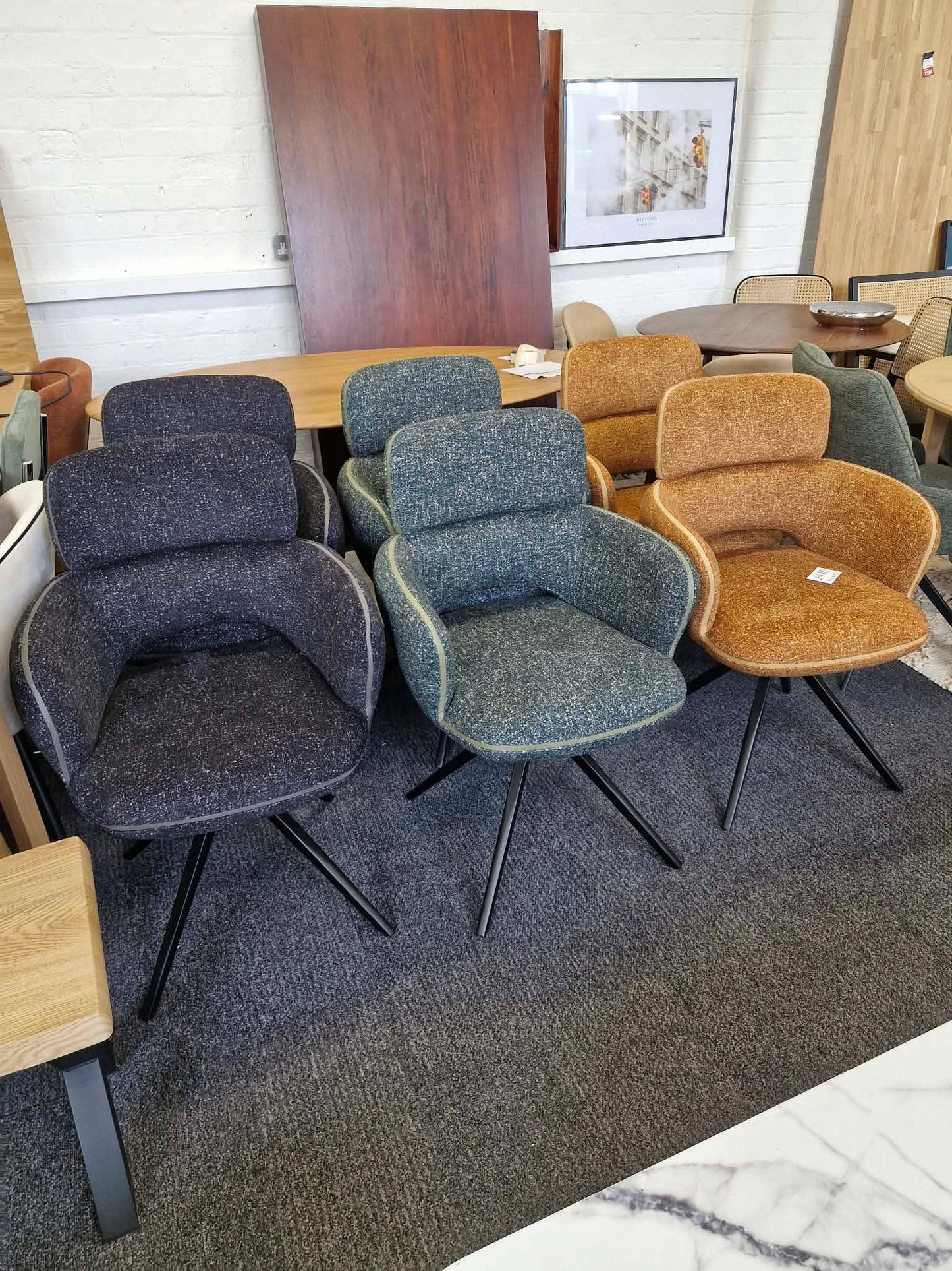 Set of 6 Large Swivel Dining Chairs / Mix of Black, Green and Orange / Mustard Yellow