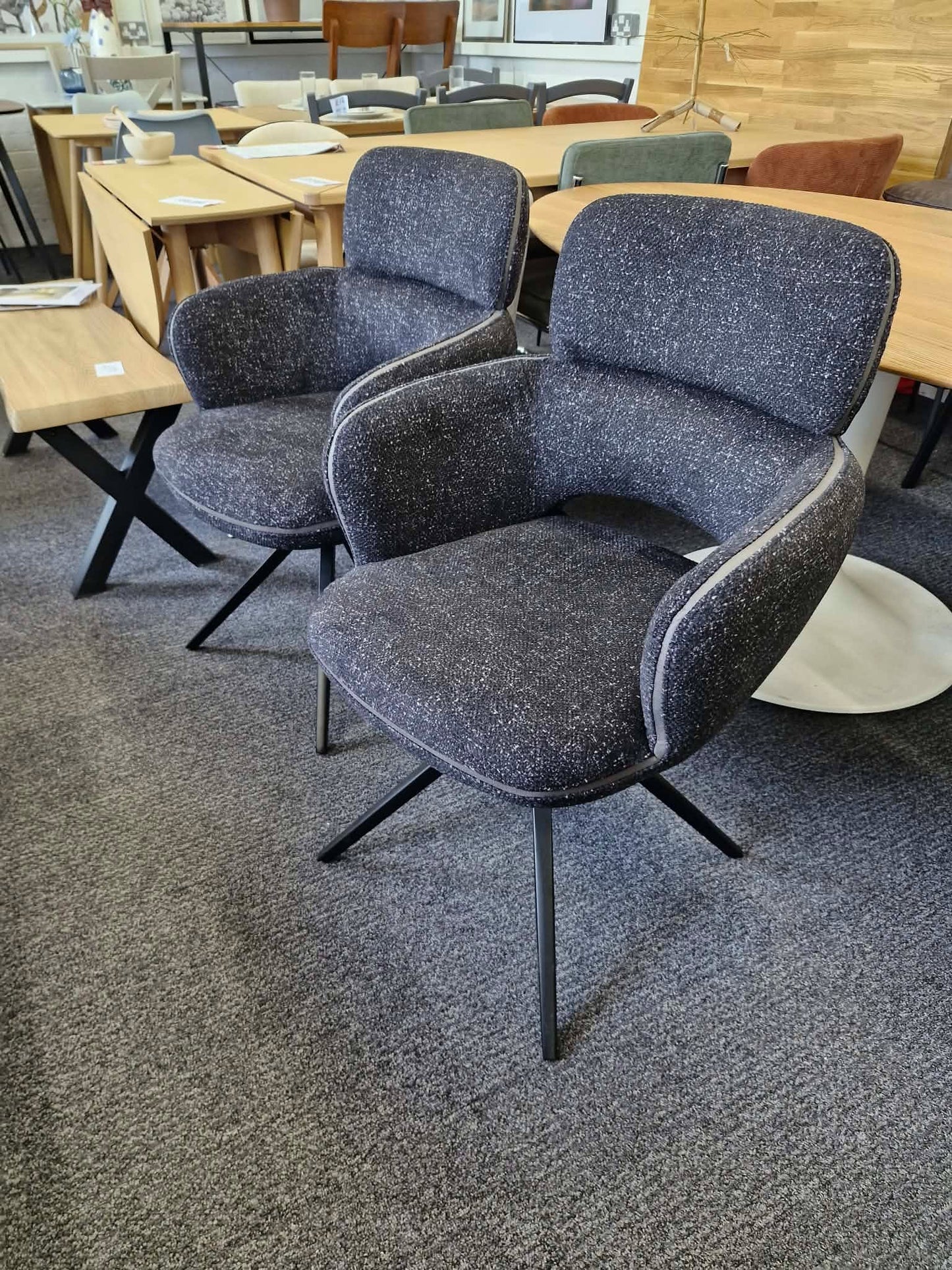 Set of 6 Large Swivel Dining Chairs / Mix of Black, Green and Orange / Mustard Yellow