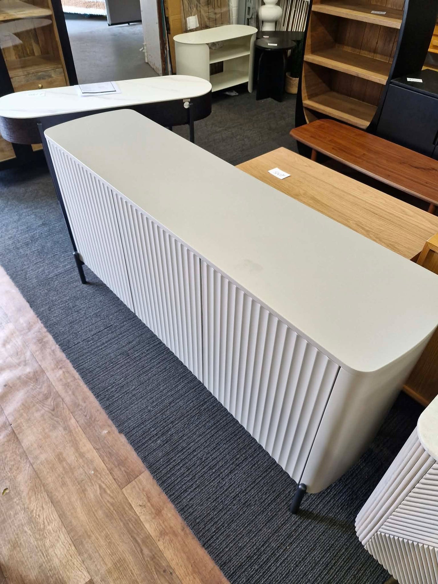 Large Grey Sideboard with 3 Doors / Grooved / Ribbed