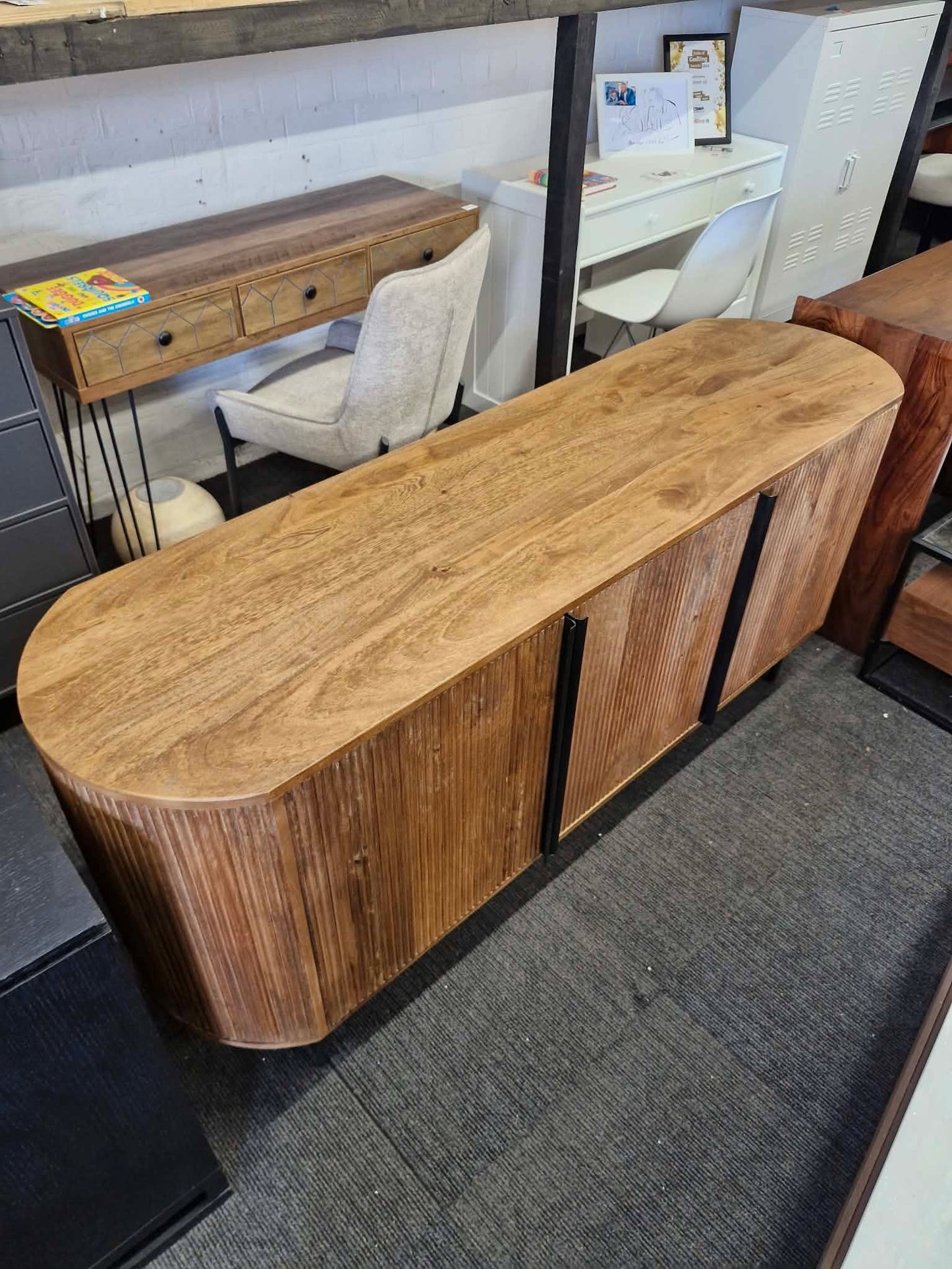 Large Solid Mango Wood Sideboard with 3 doors / Oval Shaped, Grooved Ribbed Wood