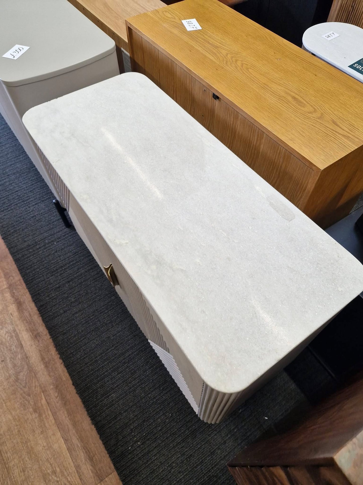 White Marble and Solid Wood Ribbed Door Grey Cabinet / Small Sideboard