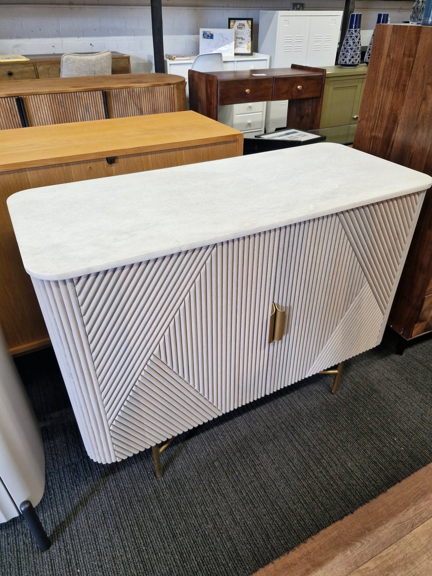 White Marble and Solid Wood Ribbed Door Grey Cabinet / Small Sideboard