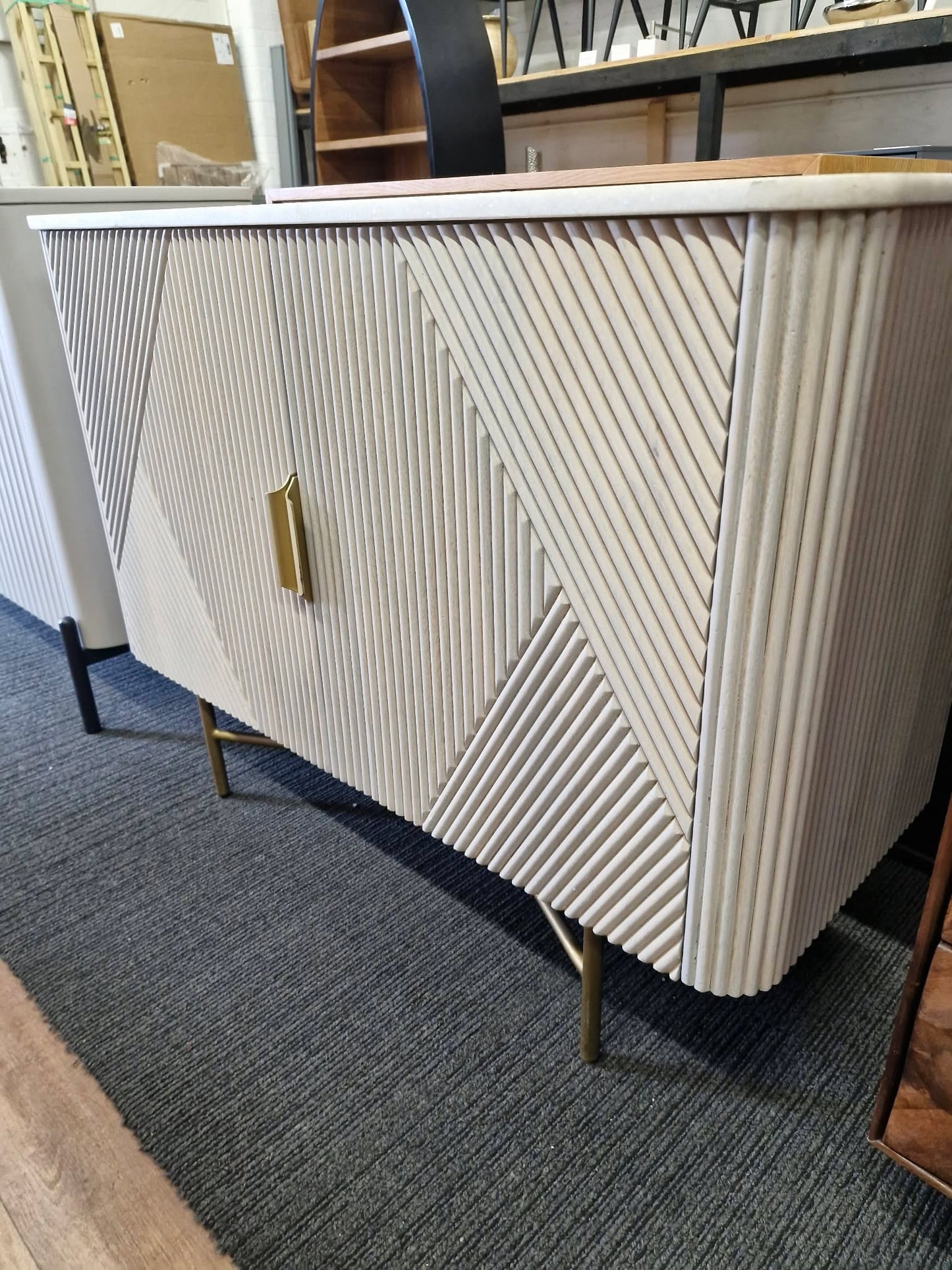 White Marble and Solid Wood Ribbed Door Grey Cabinet / Small Sideboard