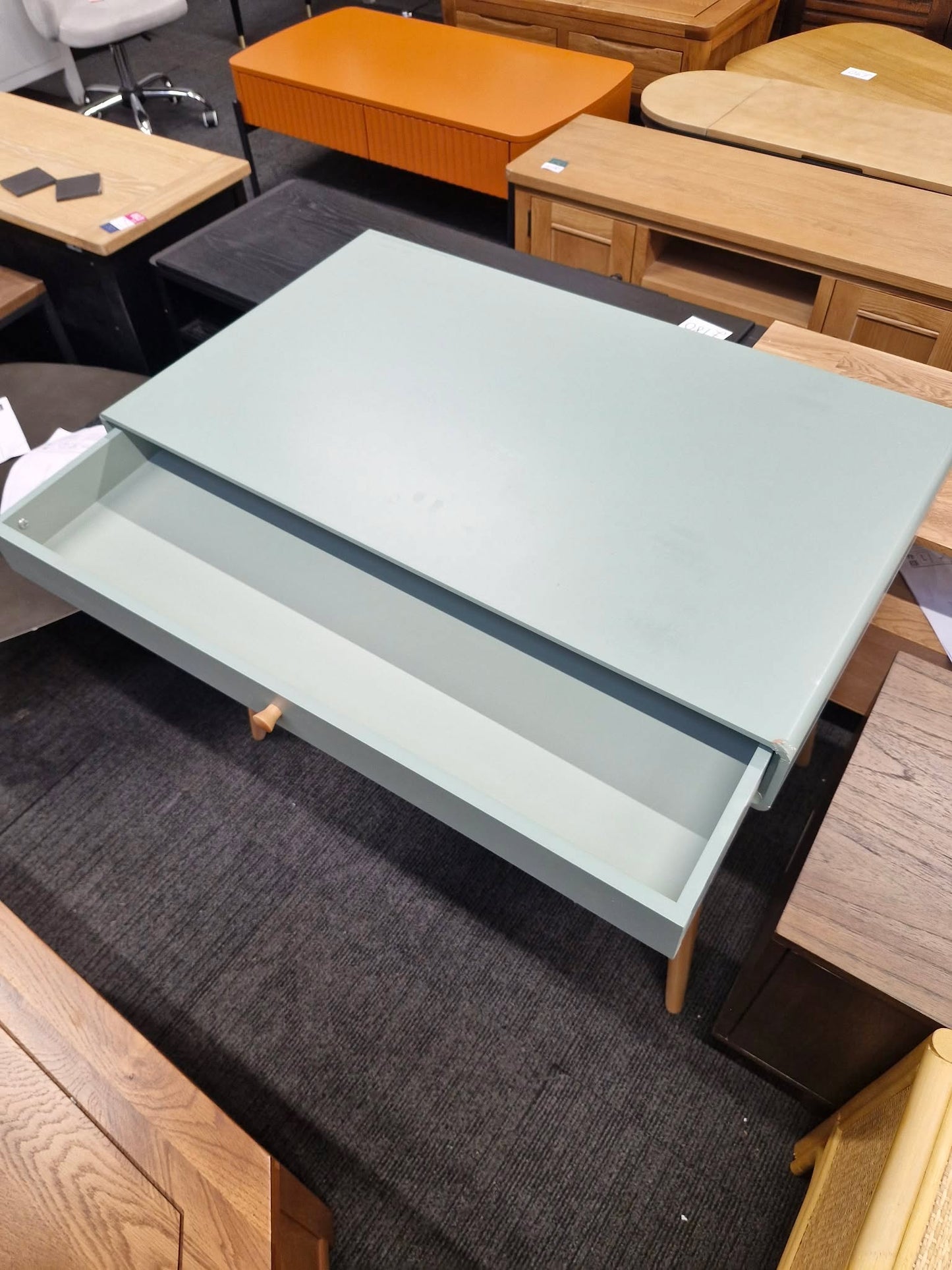 Light Green Desk with Drawers and Wood Legs