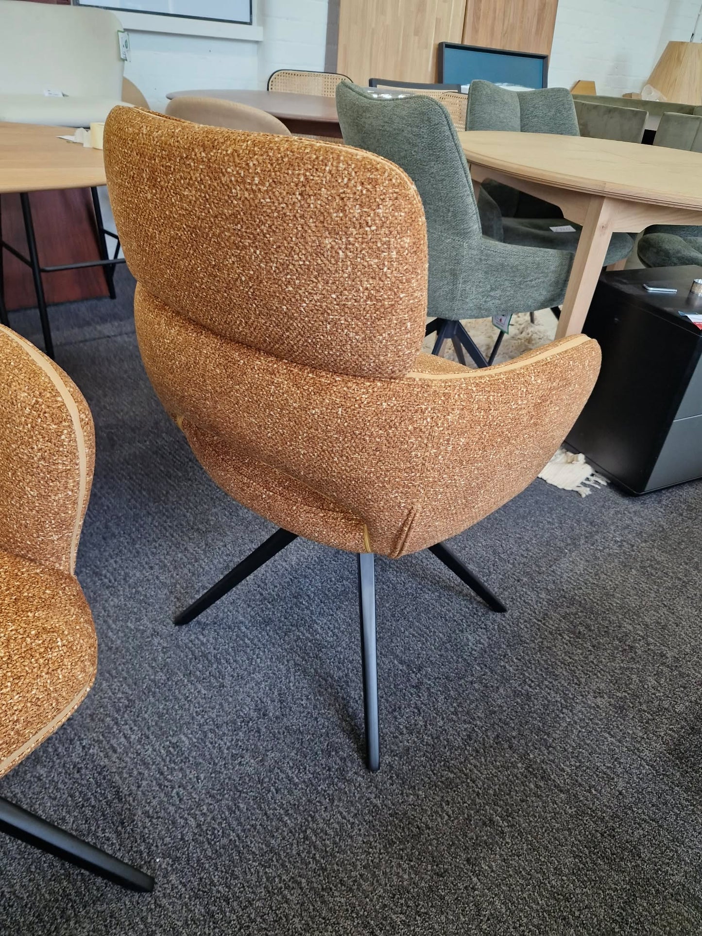 Set of 6 Large Swivel Dining Chairs / Mix of Black, Green and Orange / Mustard Yellow