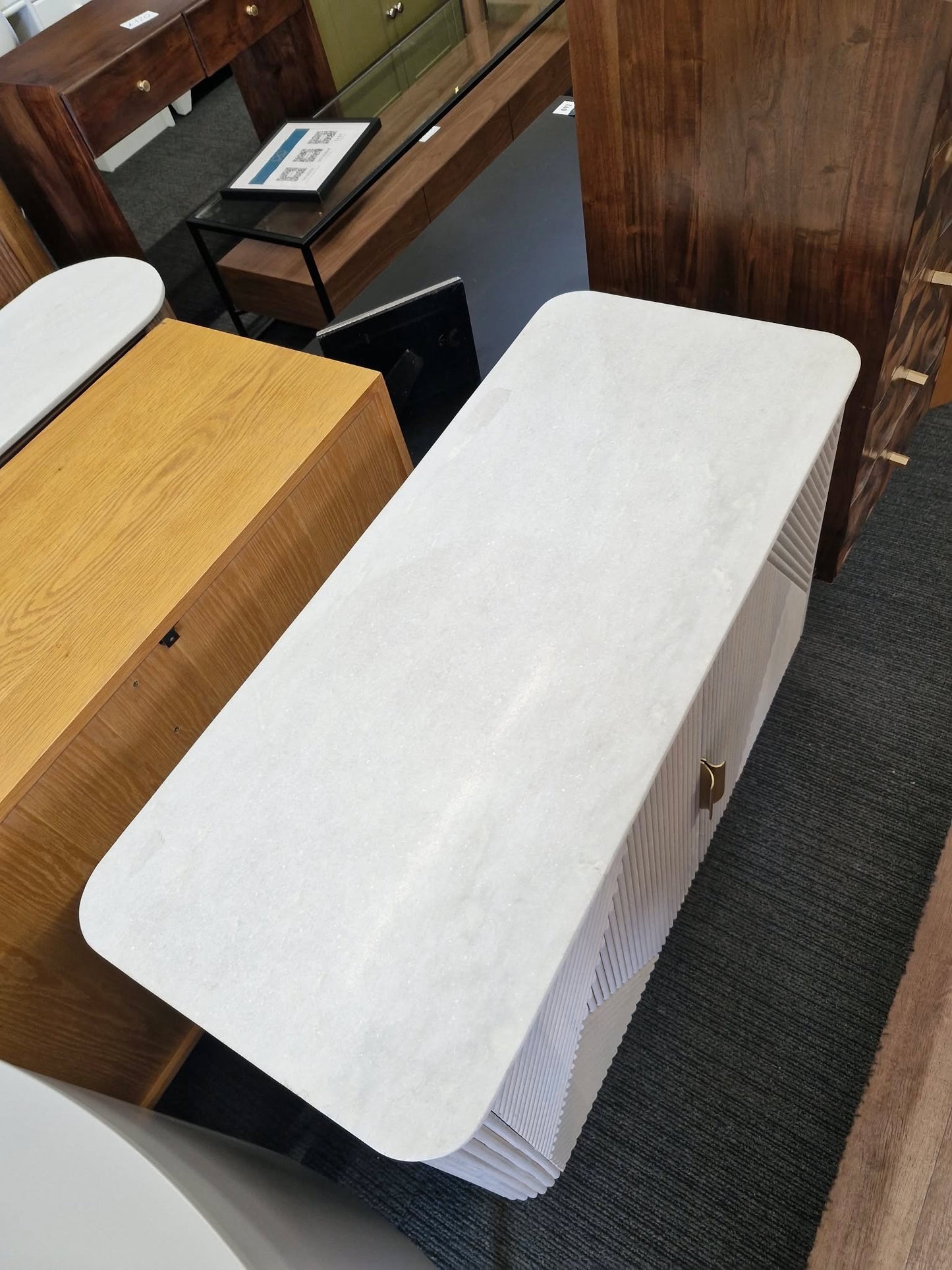 White Marble and Solid Wood Ribbed Door Grey Cabinet / Small Sideboard