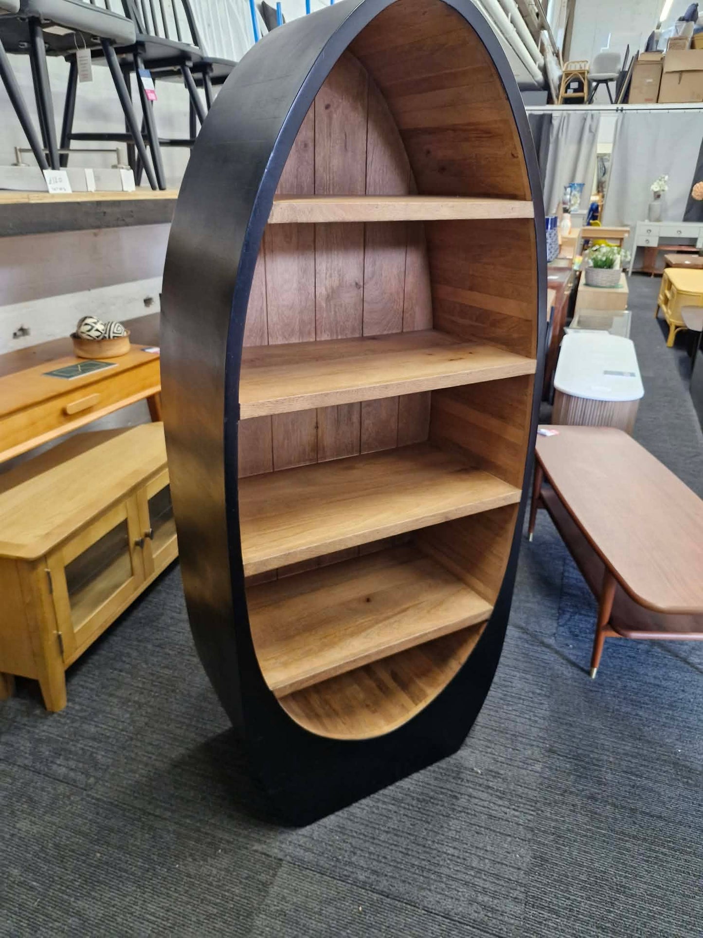 Solid Mango Wood Oval Bookshelf with Black Frame