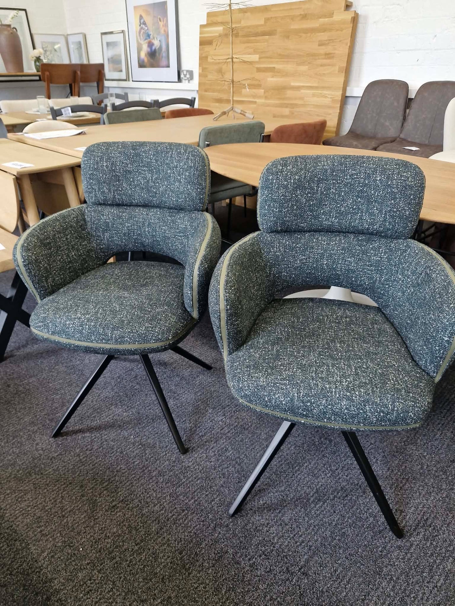 Set of 6 Large Swivel Dining Chairs / Mix of Black, Green and Orange / Mustard Yellow