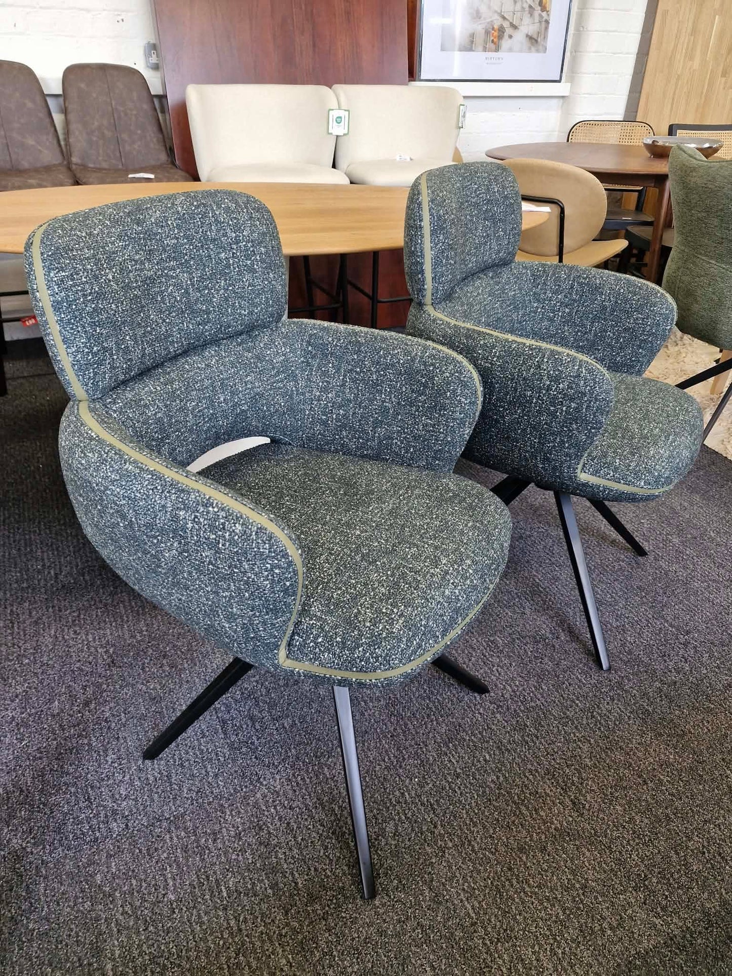 Set of 6 Large Swivel Dining Chairs / Mix of Black, Green and Orange / Mustard Yellow