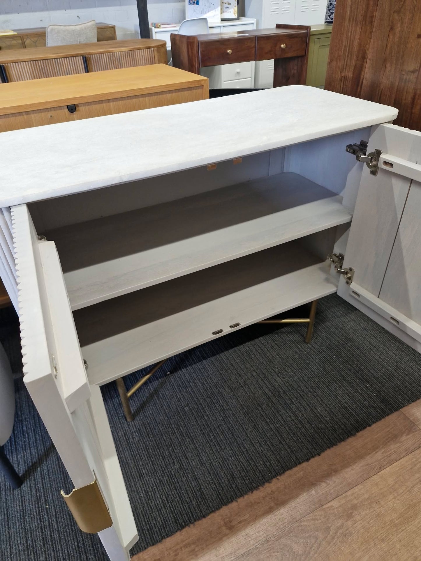 White Marble and Solid Wood Ribbed Door Grey Cabinet / Small Sideboard