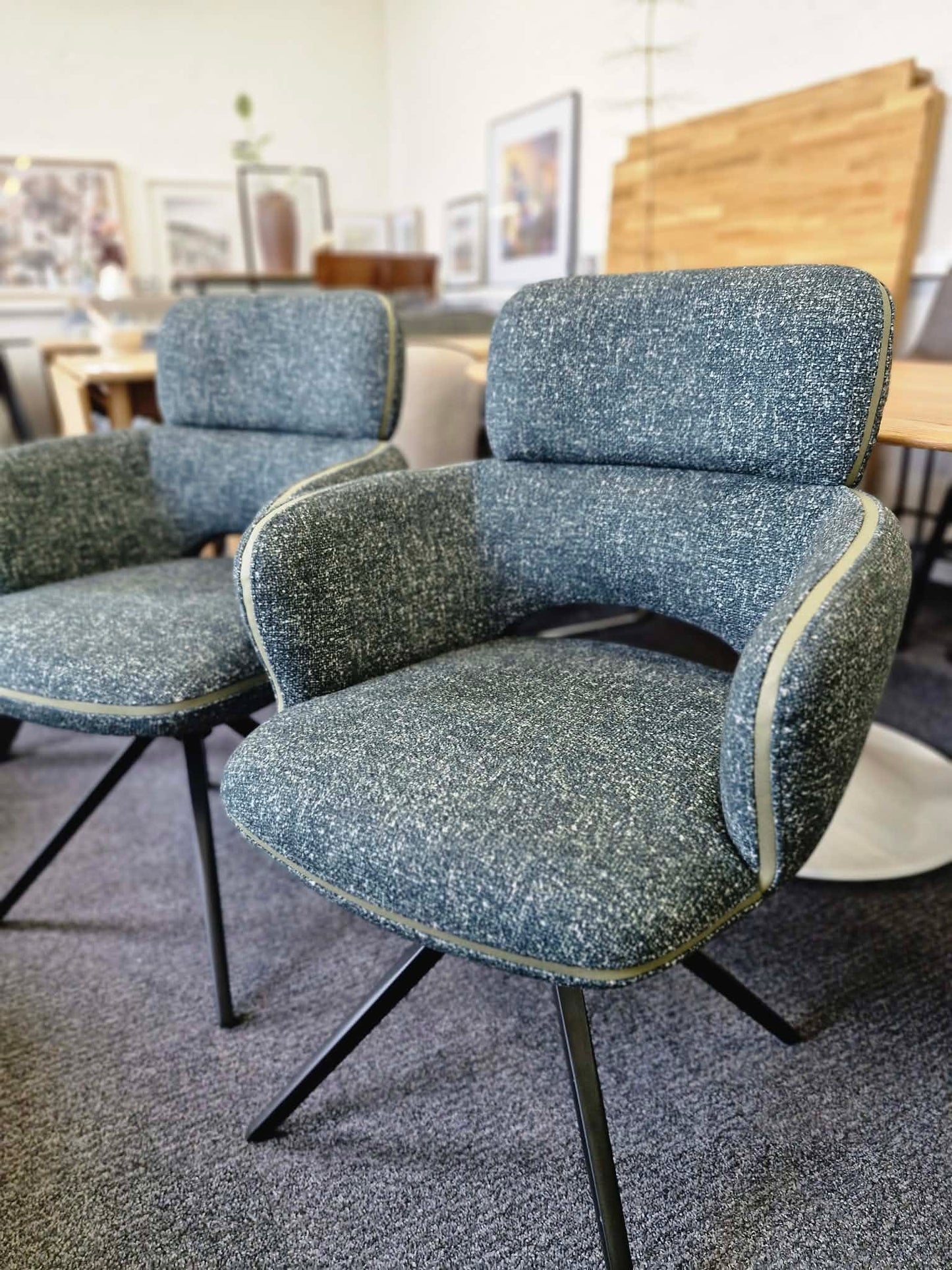 Set of 6 Large Swivel Dining Chairs / Mix of Black, Green and Orange / Mustard Yellow