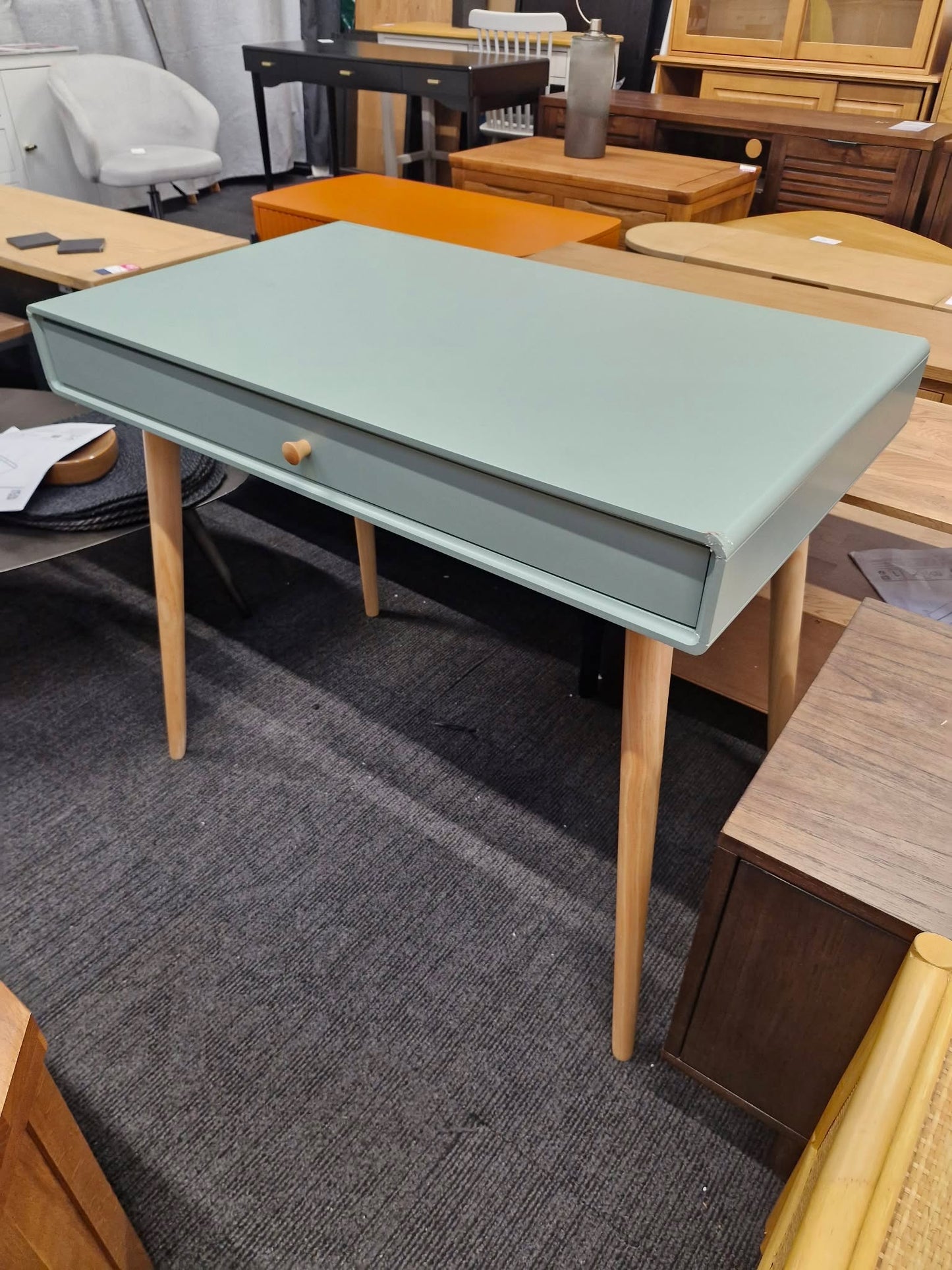 Light Green Desk with Drawers and Wood Legs