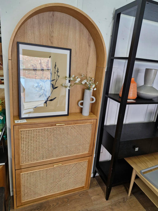 Oak and Rattan Arched Shallow Shoe Storage Hallway Cabinet