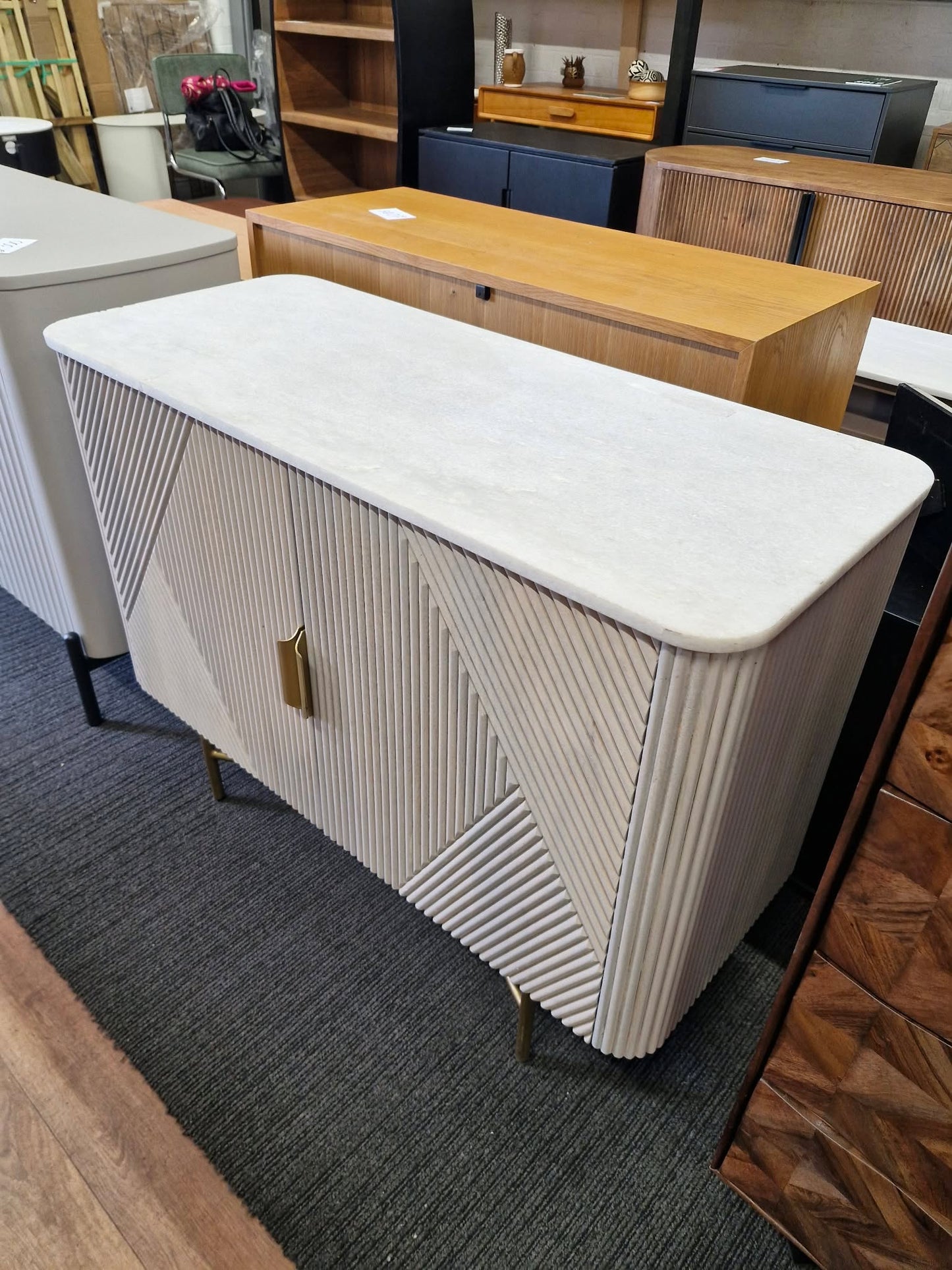White Marble and Solid Wood Ribbed Door Grey Cabinet / Small Sideboard