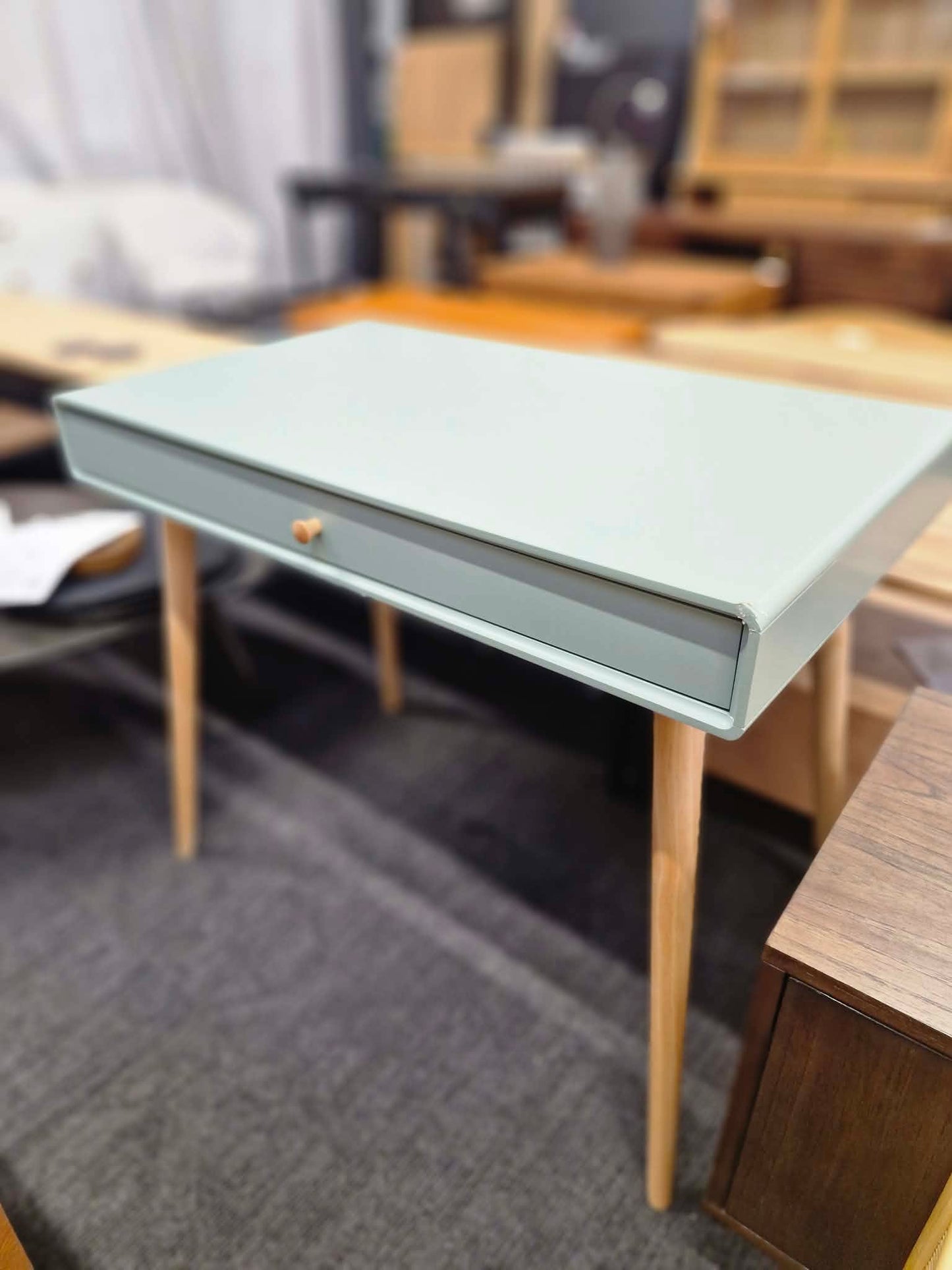 Light Green Desk with Drawers and Wood Legs