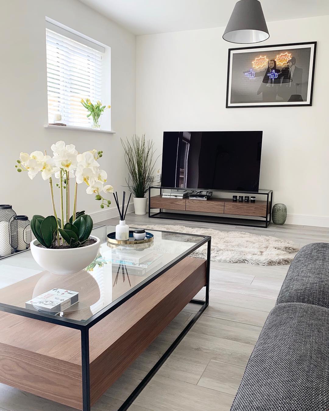 Dark Walnut Wood Tv Unit with black metal frame, glass Top and 3 storage drawers