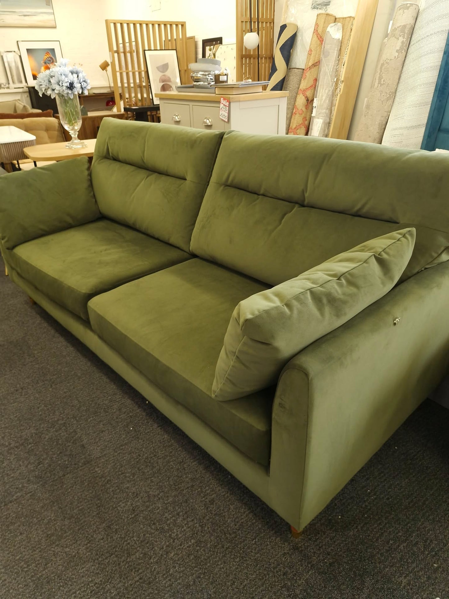 3 Seater Olive Green Velvet Sofa / Easy Clean