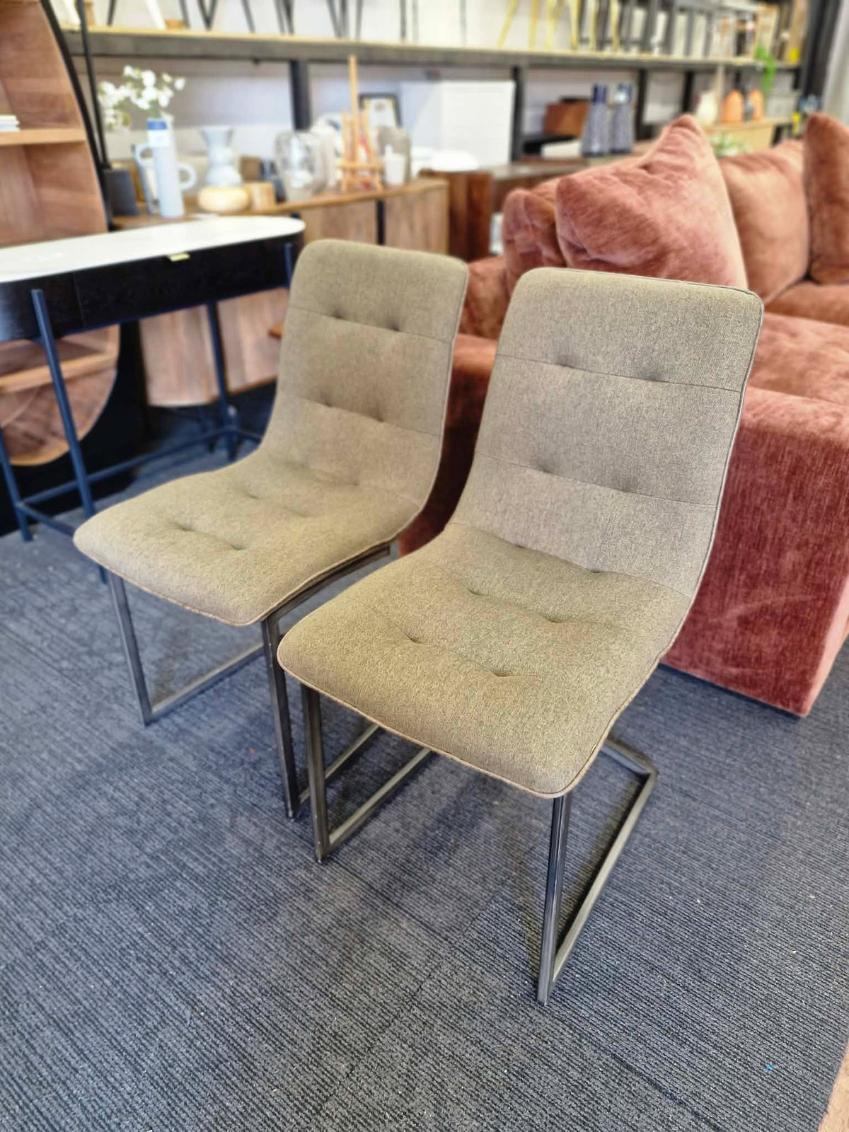 Set of 2 Dining Chairs - Green Khaki Fabric and Black Metal Frame