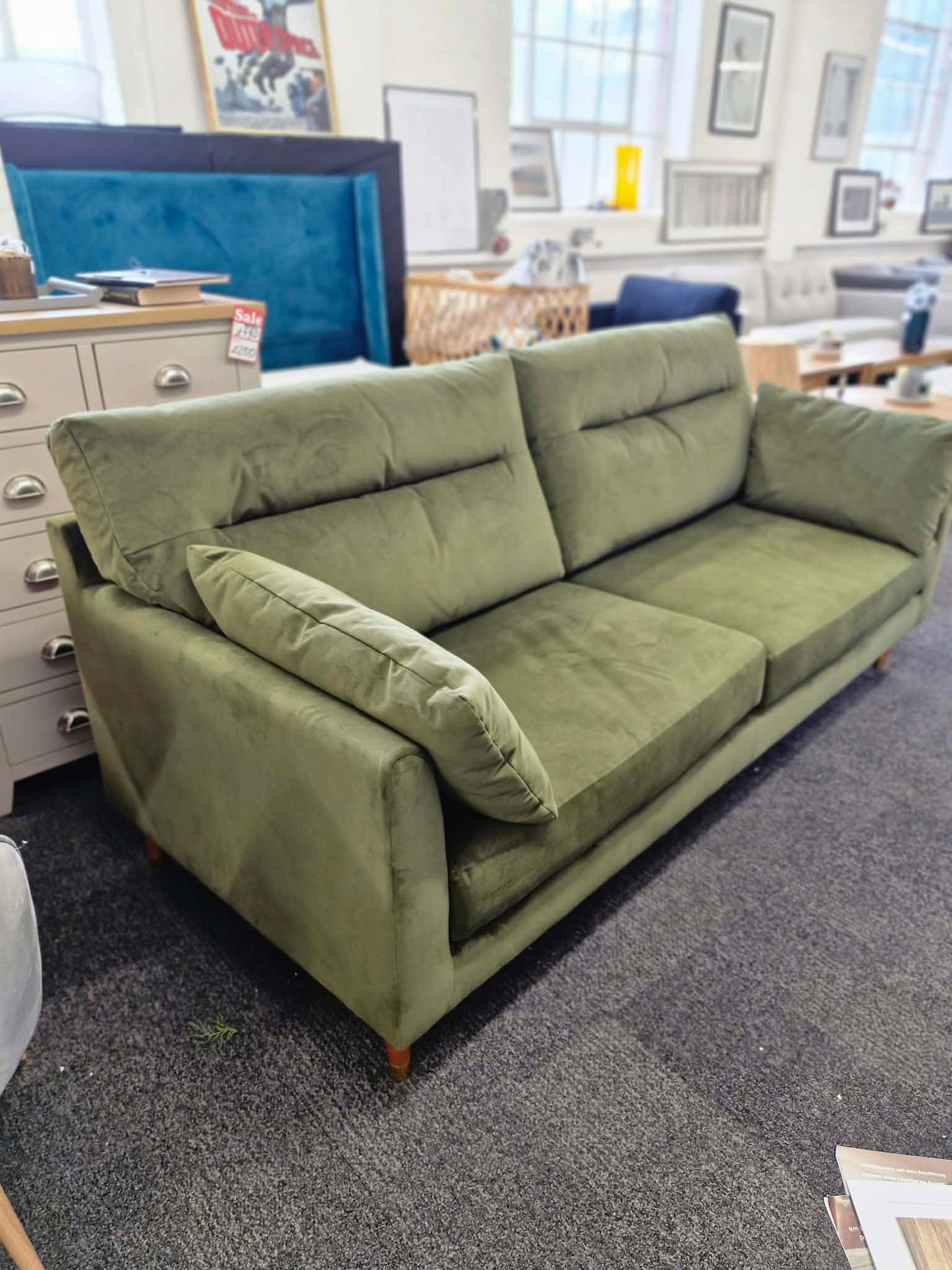 3 Seater Olive Green Velvet Sofa / Easy Clean