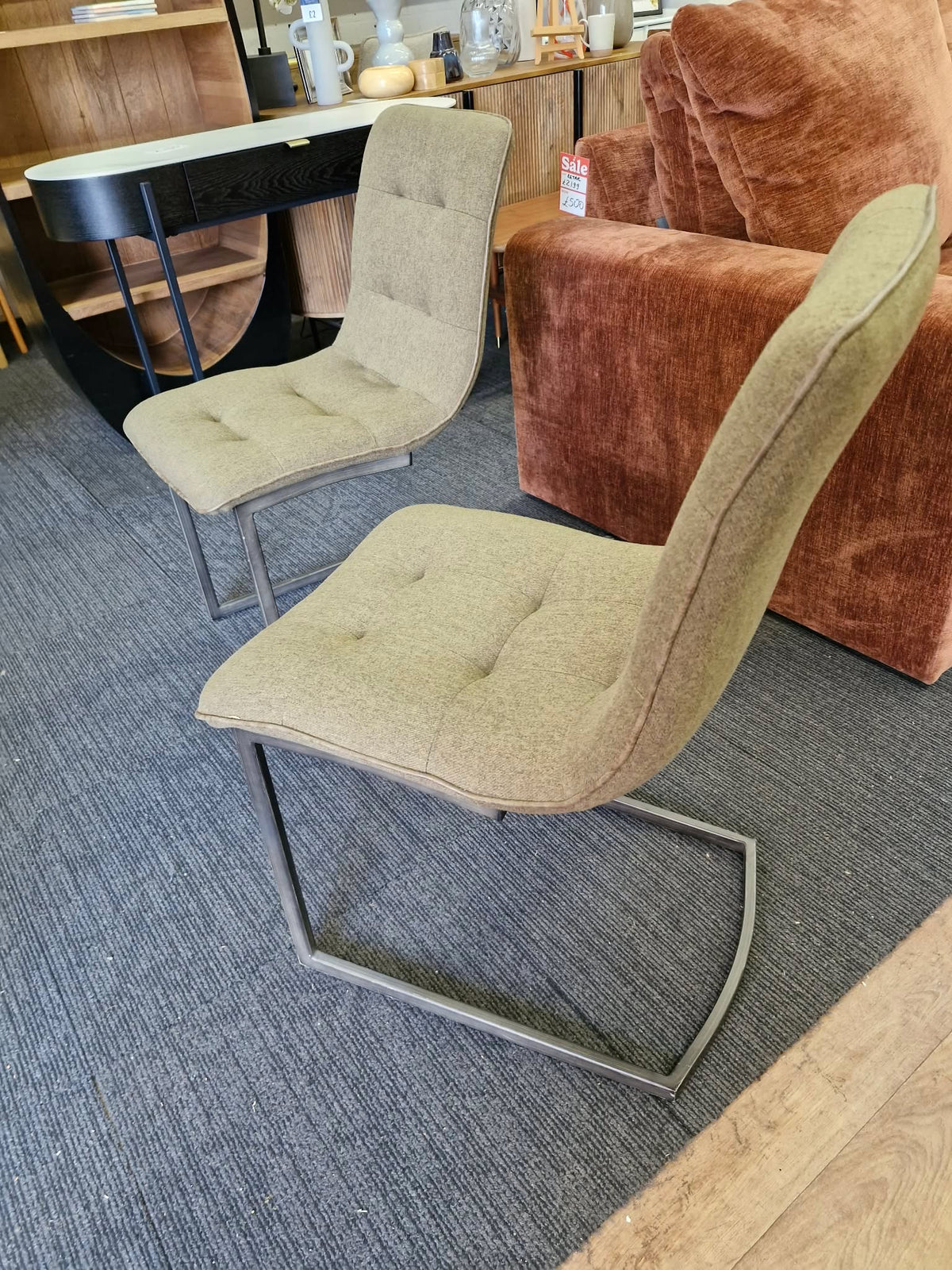 Set of 2 Dining Chairs - Green Khaki Fabric and Black Metal Frame