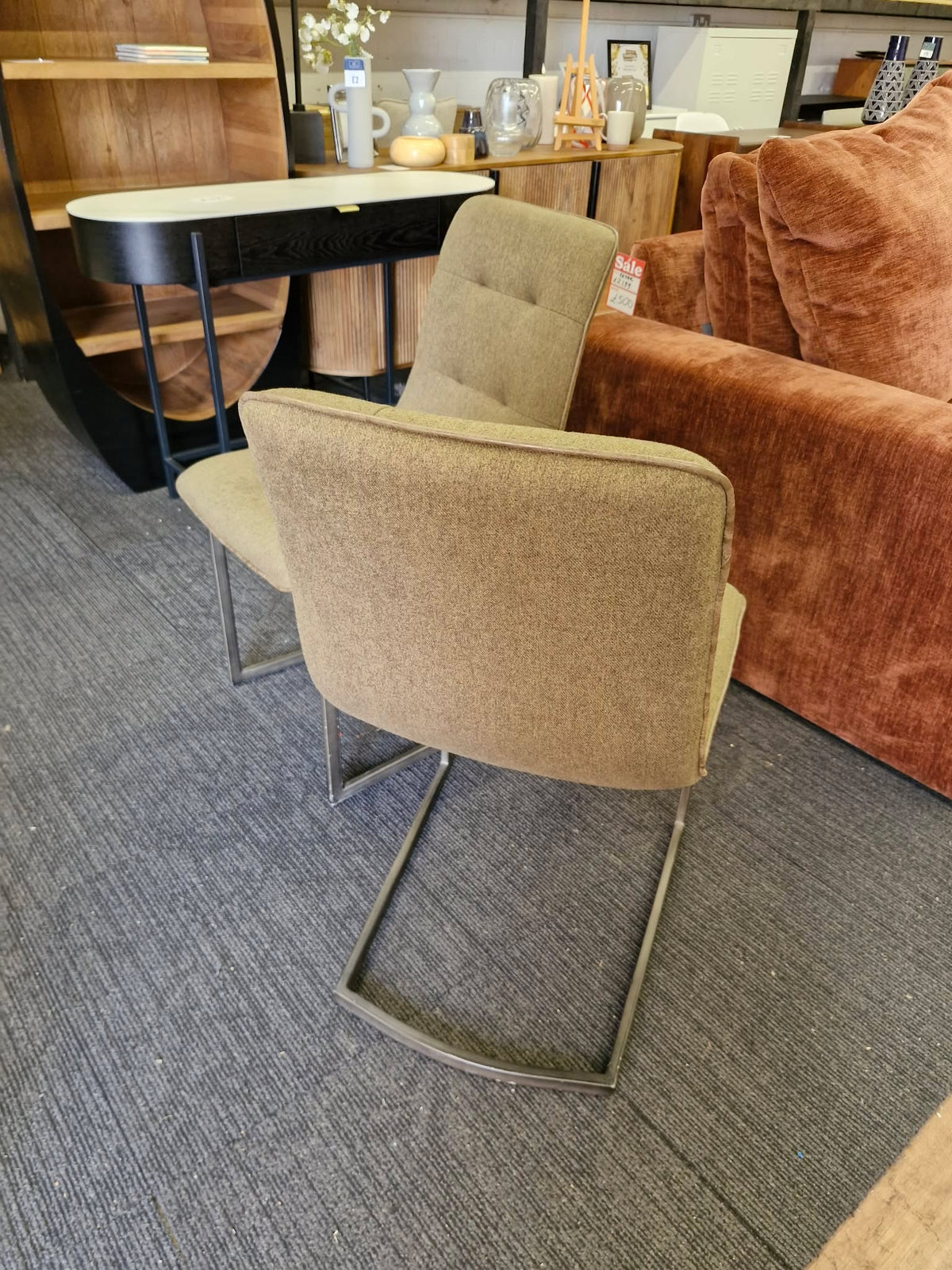 Set of 2 Dining Chairs - Green Khaki Fabric and Black Metal Frame